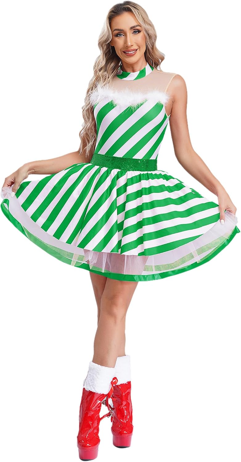 Womens Christmas Candy Cane Costume Sequins Sleeveless Dress Skating Leotard Dress