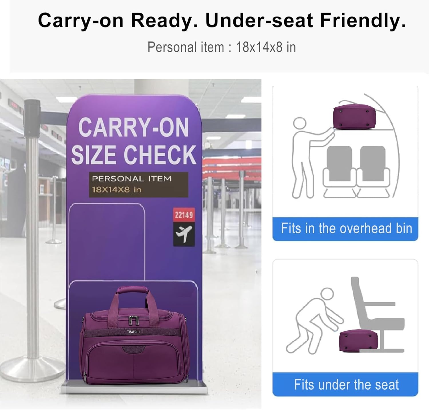 Underseat Carry On luggage Bags for Travel Foldable Duffle Bag for Travel, Softside Lightweight Travel Bag Carry On Bags for Airplanes Women, Travel Tote Bags for Women Men,Purple