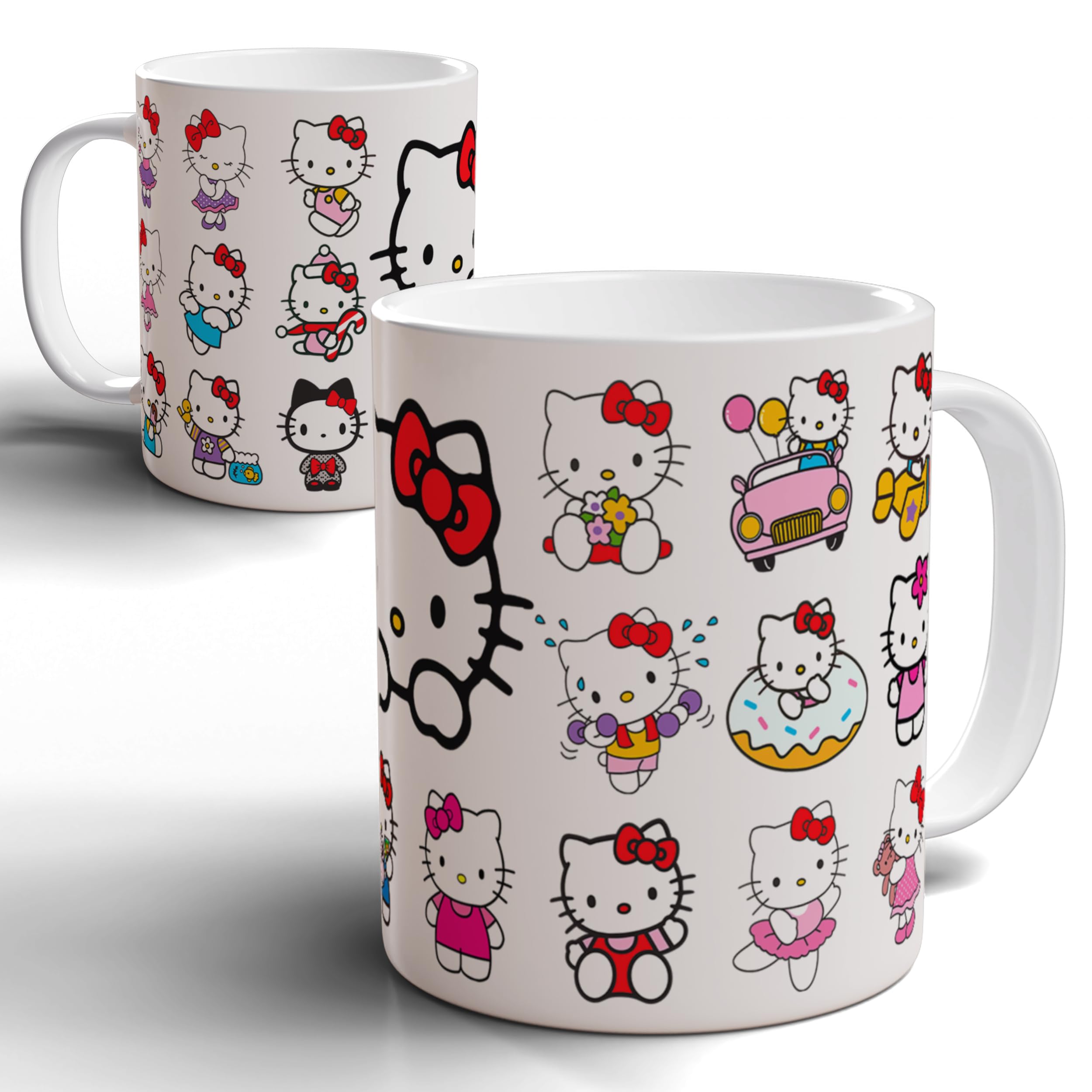 Habii Hello Kawaii Kitty Mug – 20 Charming Designs & Poses Surrounding a Central Kawaii Kitty Illustration, Ceramic Coffee Cup with Gift-Ready Packaging