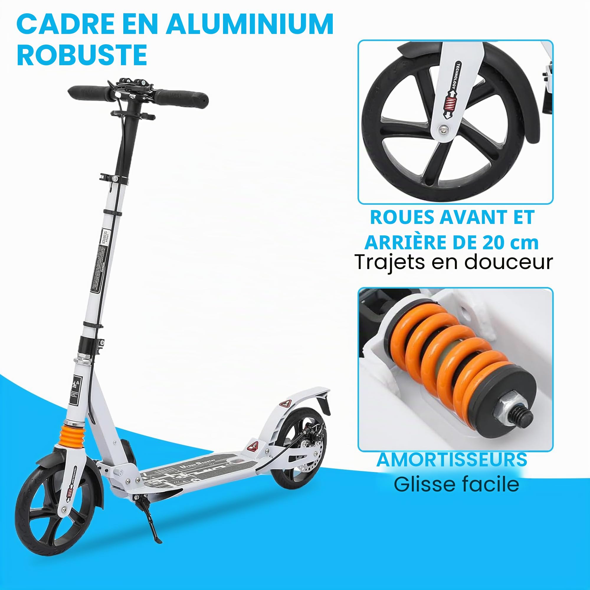 Habib Gruppe Trottinette de ville pour adulte - En aluminium - Pliable - 200 mm - Grandes roues - Double suspension - Hauteur réglable - Frein à main réglable - Charge maximale : 100 kg - À partir de