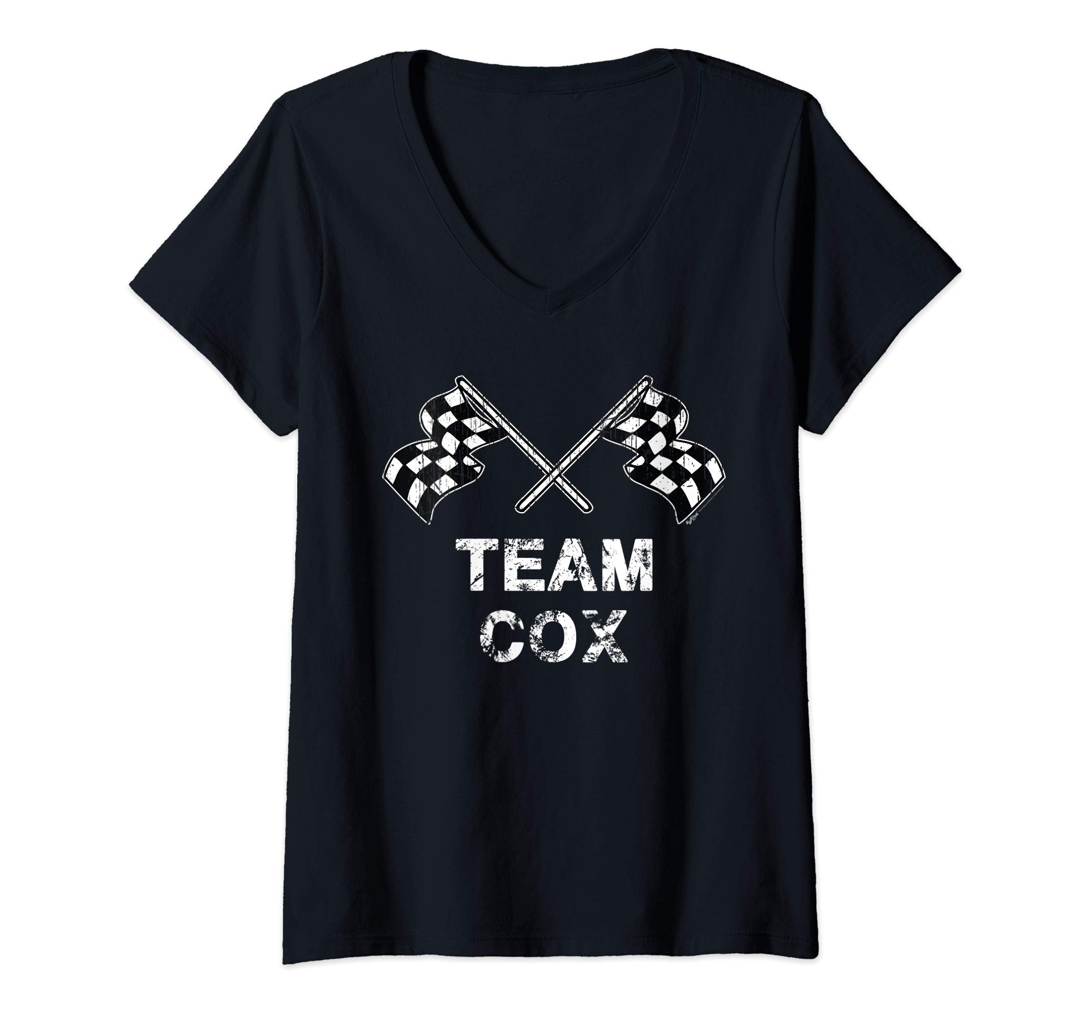 Womens Vintage Team Cox Family Name Checkered Flag Racing V-Neck T-Shirt