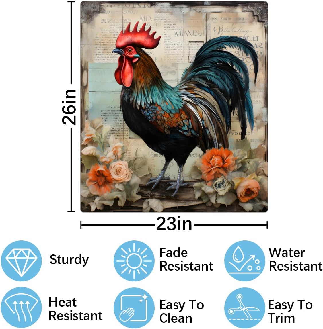 Dishwasher Magnet Cover Retro Rooster Floral Art Painting Decorative Magnetic Dishwasher Door Cover Panel for Kitchen Home Decor Refrigerator Decals Washing Machine stickers 23"x26"