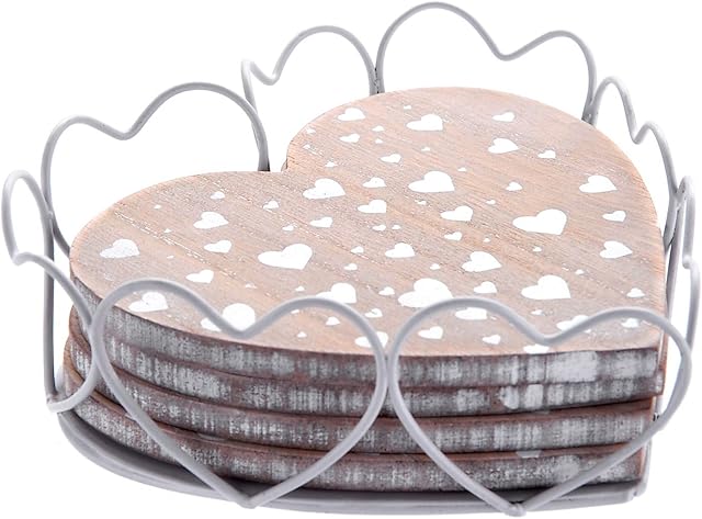 Carousel Home Love Hearts Wooden Whitewash Shabby Chic Heart Shaped Drinks Coasters with Wire Holder