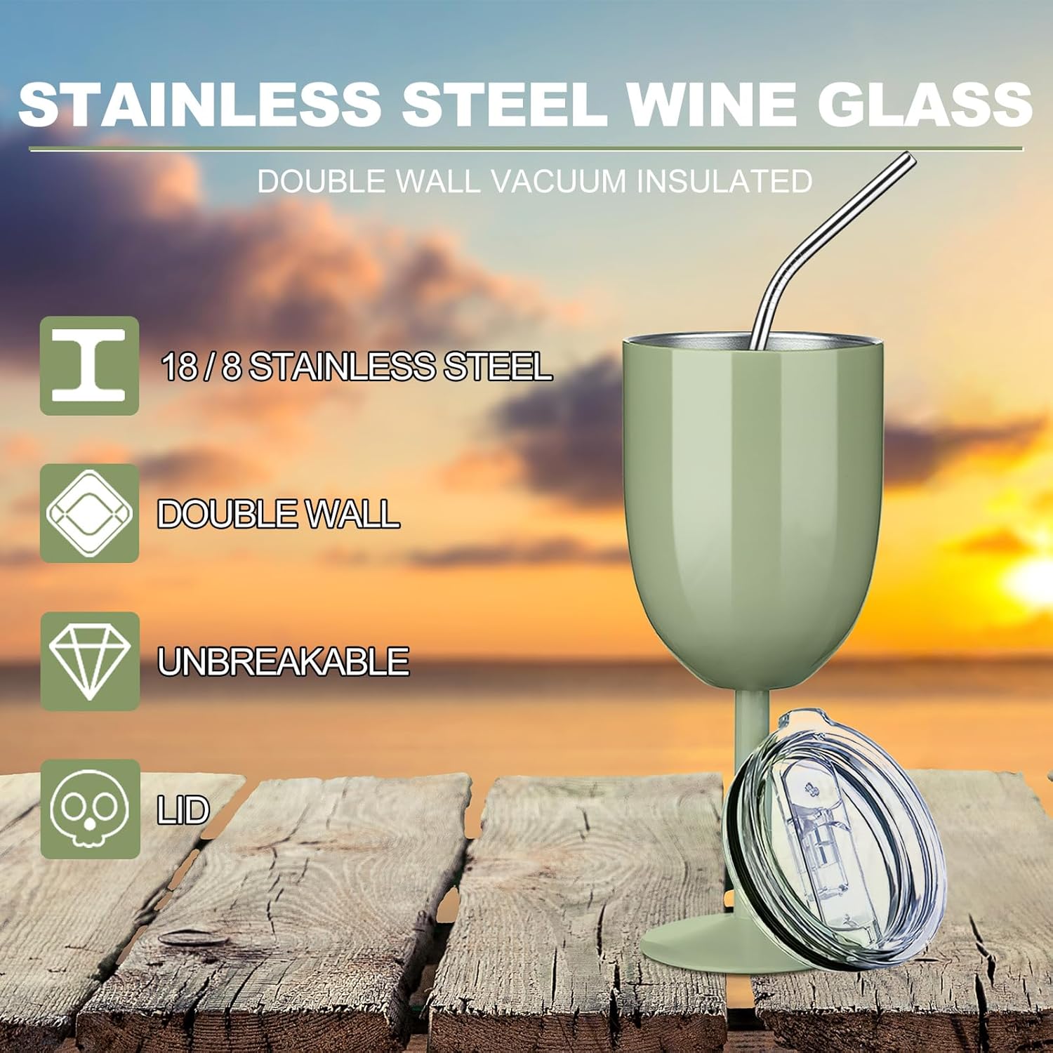 Geiserailie 3 Pcs Stemmed Stainless Steel Wine Glasses with Lid Double Wall Insulated Wine Tumbler with Drinking Straw and Straw Brush 10 oz Cups for Christmas Gifts(Sage Green,3 Pieces)