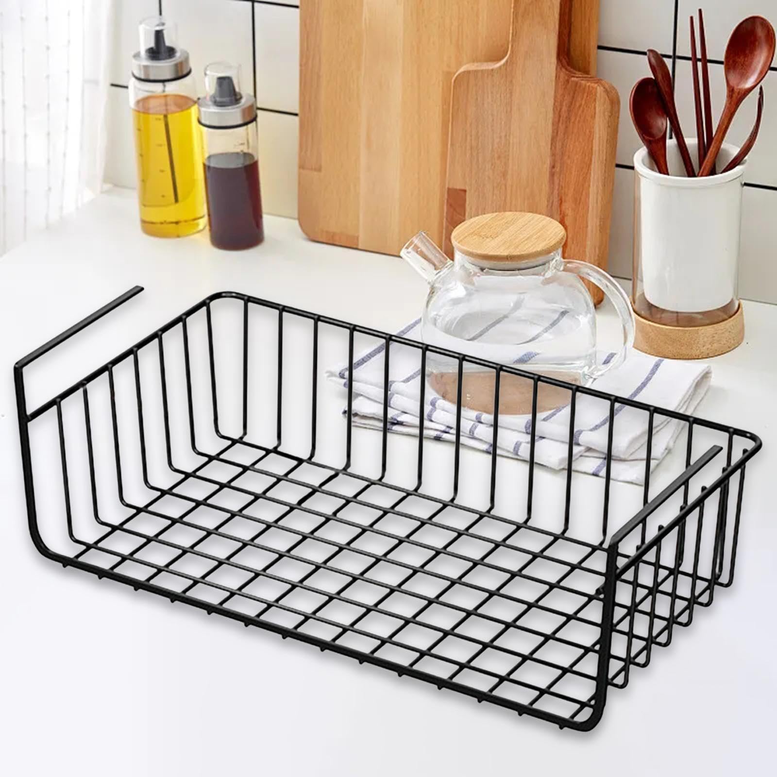 Sottomensola, in Filo Metallico, Scorrevole, Mensola in Filo Metallico, Porta Spezie Multiuso, Organizer per Cucina, Bagno, Armadio, Nero 32x22 cm