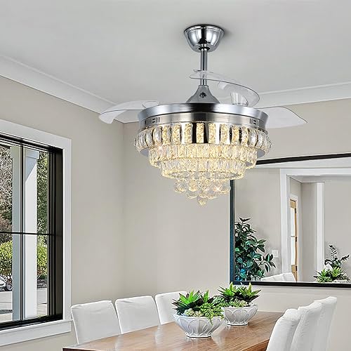 Miniatura 7 de Deckrico Ventilador de techo de cristal con control remoto de luz de 42 pulgadas, moderna lámpara LED retráctil de 6 velocidades para sala de estar,