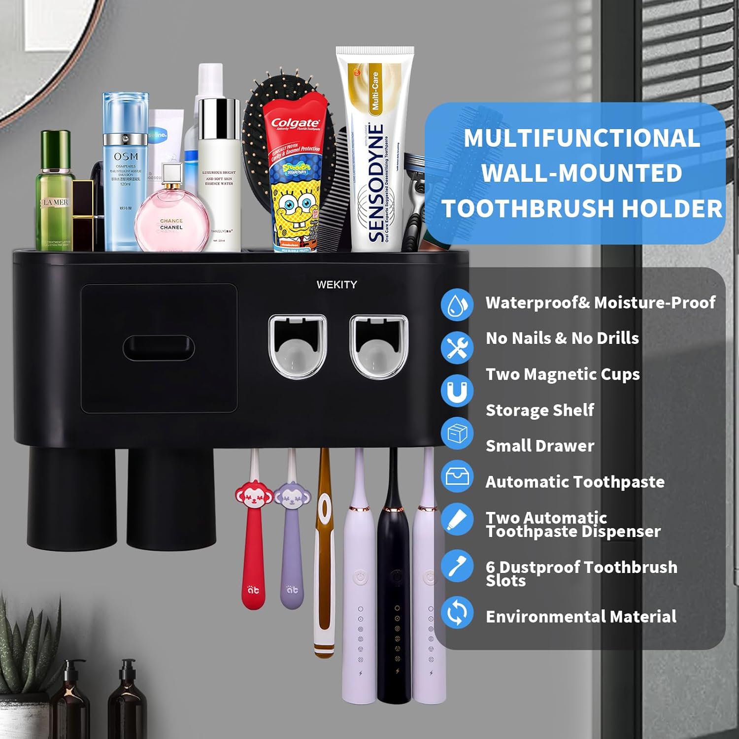 4 Cups and 2 Cups Multifunctional Wal Toothbrush Holder,Multi-Functional Toothbrush Holder,Toothpaste Dispenser for Bathroom with 5 Toothbrush Slots, 2 Toothpaste Squeezers