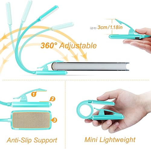 Miniatura 5 de Gritin Luz de libro recargable de 9 LED para leer en la cama, cuidado de los ojos, 3 temperaturas de color, brillo de atenuación continua, 80 horas