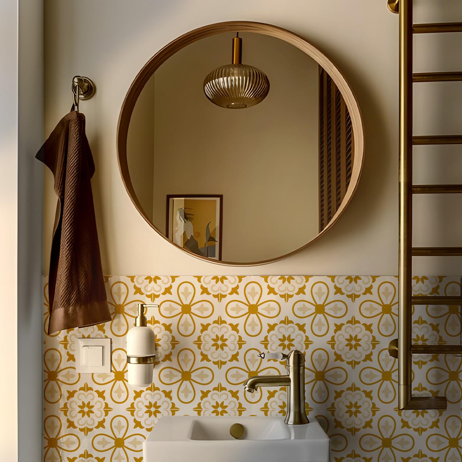Alwayspon 25PcsX20cm/8inch Tile Sticker, Gold Brown Self Adhesive Stick on Tiles Transfer Sticker for Bathroom Kitchen, Splashback for Cooker, Peel and Stick Adhesive Vinyl Wall Tiles Sticker