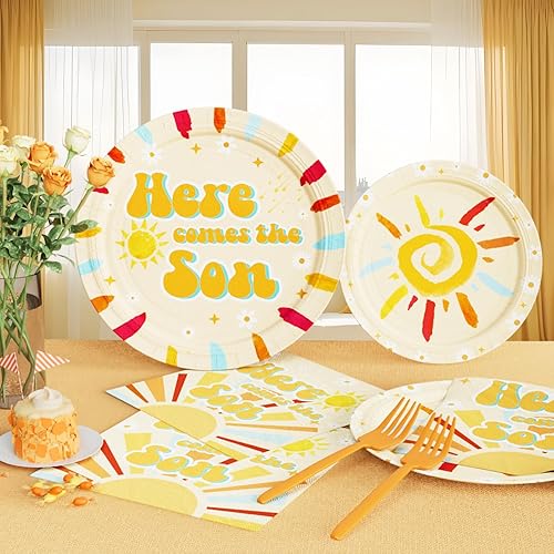 Miniatura 4 de Here Comes the Son - Juego de vajilla de decoración para baby shower con platos, servilletas, tenedores, suministros de fiesta de baby shower,