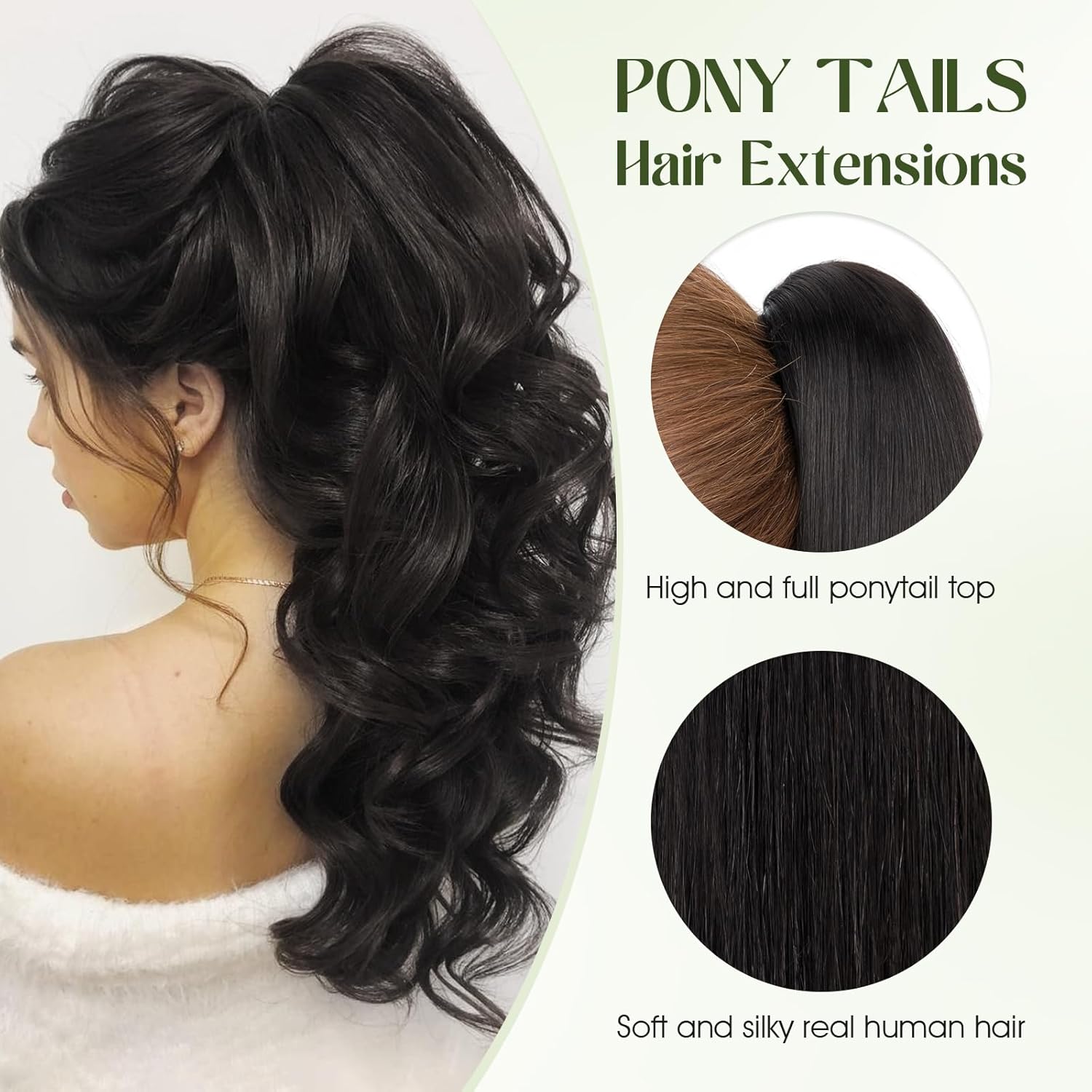 Ponytail Extension, 16 Inch Claw Clip Ponytail Extension Human Hair Long Straight Jaw Clip in Real Hair Pony Tails Hairpieces for Women Natural Black
