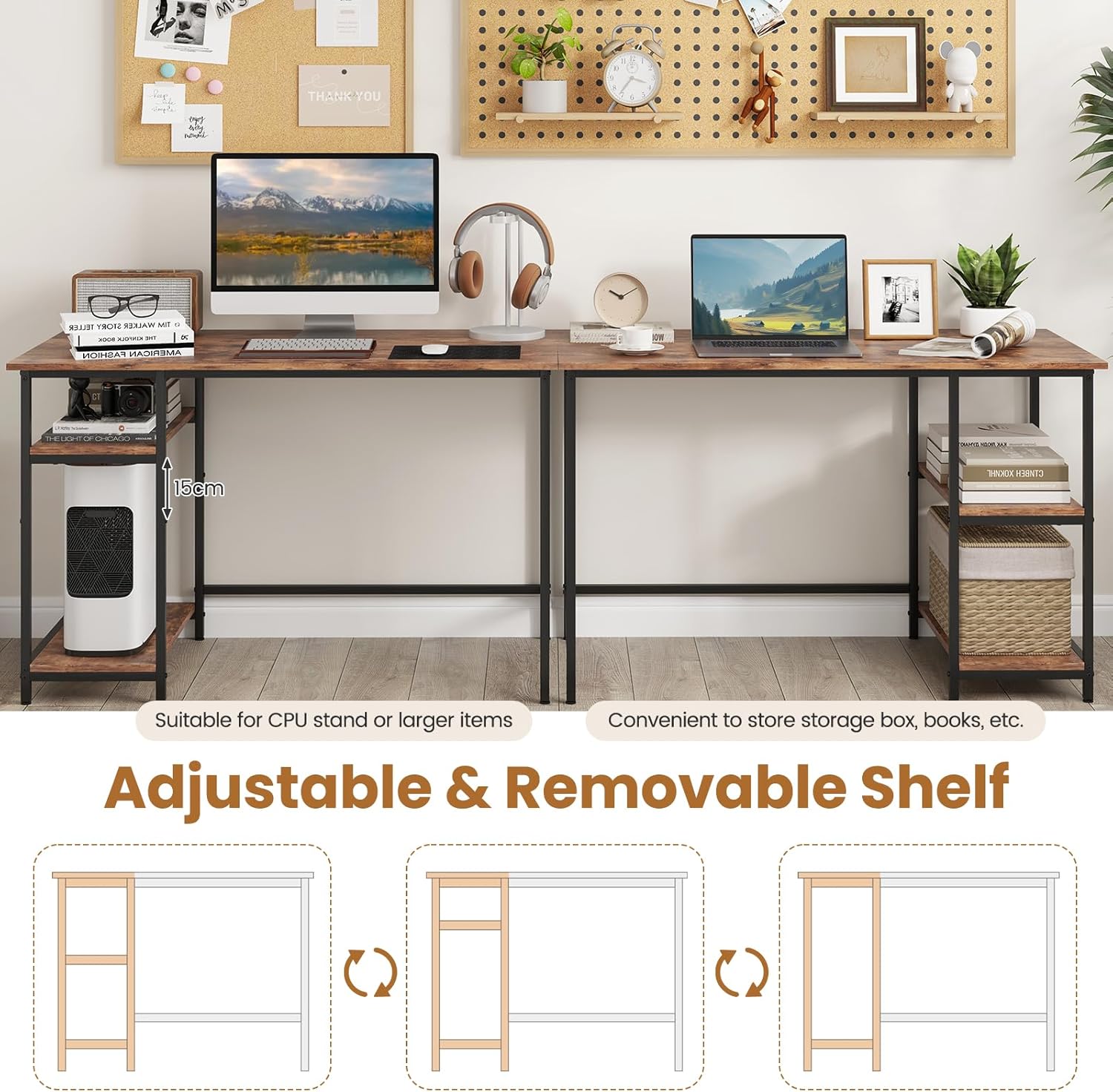 Computer Desk, Large Gaming Desk with Storage Shelves and Metal Frame, Study Desk for Bedroom, Work Desk for Home Office, Writing Desk for Small Spaces (Rustic Brown, 47'')