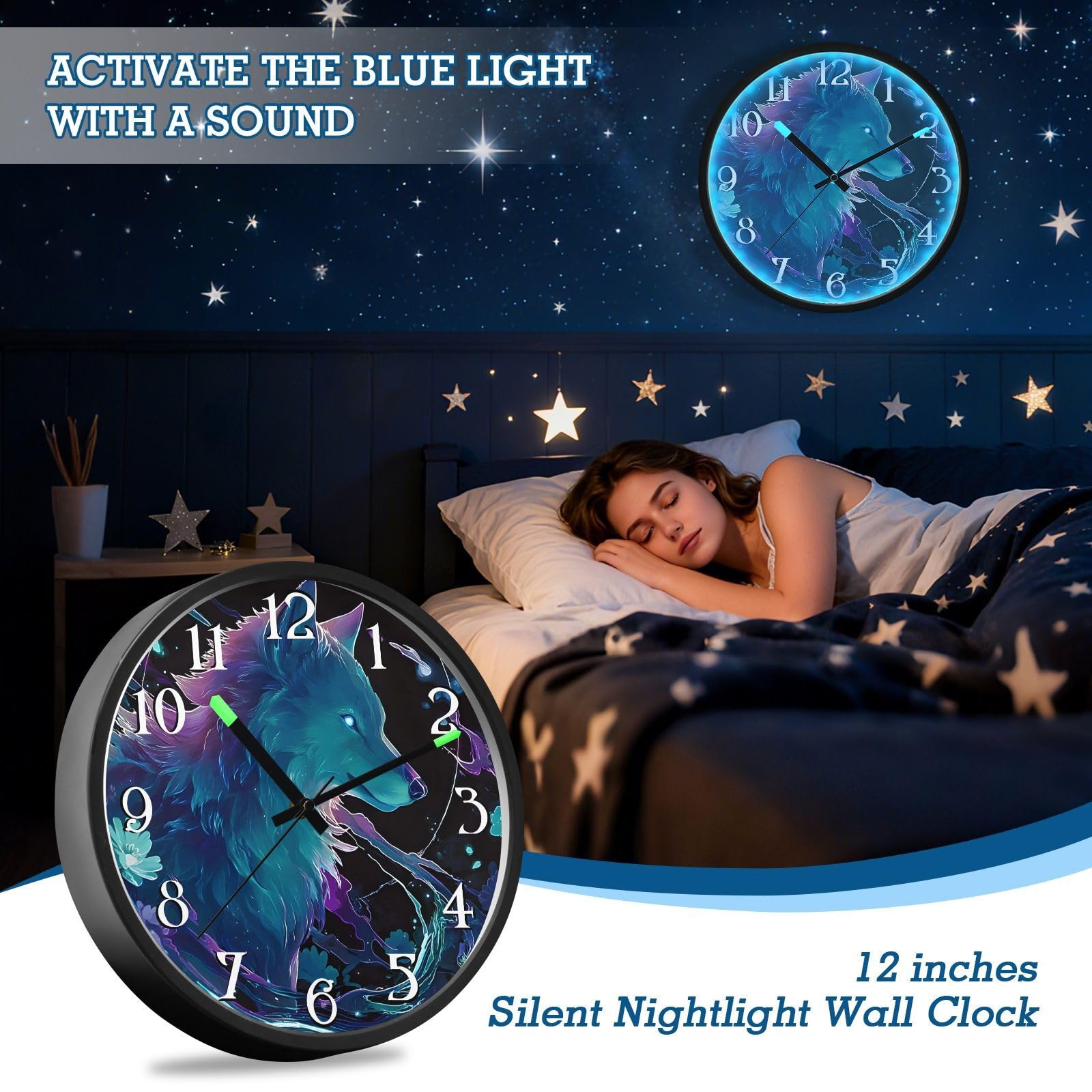 Mnsruu Reloj de pared luminoso holográfico azul galaxia reloj de dormitorio funciona con pilas, reloj silencioso que brilla en la oscuridad, para sala de estar, cocina, 12 pulgadas