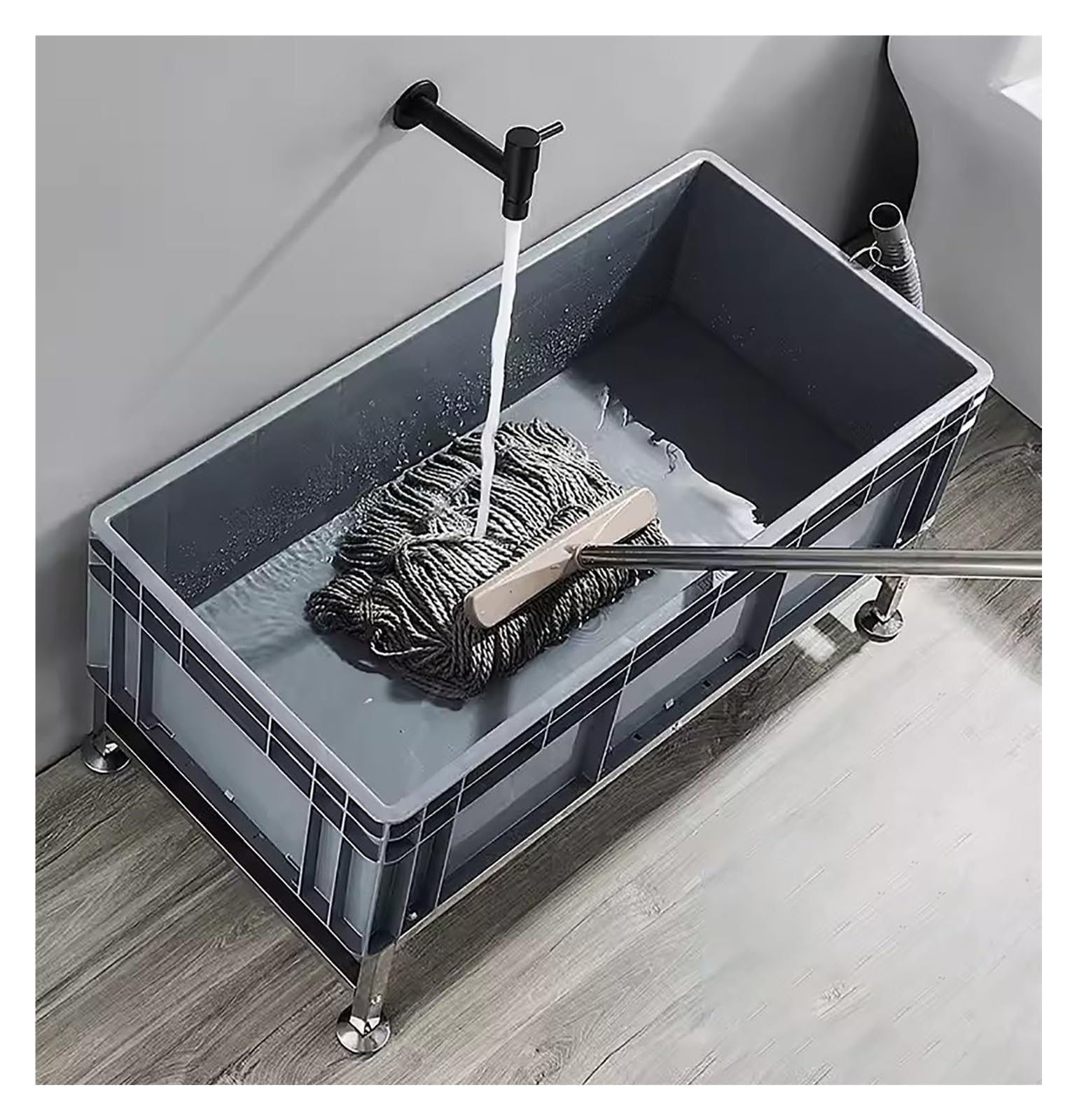Lavabo para trapeador de suelo, fregadero de fregona grande comercial resistente, base de servicio de fregona elevada de pie, estación de lavado, 80 cm de largo, cubo de fregona utilitario con desagüe