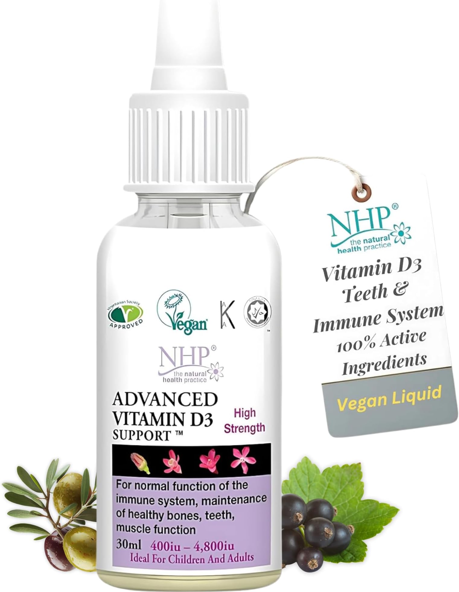 NHP Advanced Vitamin D3 Support - Vegan Blackcurrant Liquid for Healthy Bones, Teeth & Immune System – 100% Active Ingredients, Free from Gluten, Dairy & Excipients – Easy-to-Take Supplement