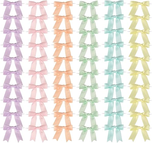 Meseey 60 lazos de satén de arcoíris pastel con lazo giratorio de 2.5 pulgadas, lazos preatados para manualidades de colores preatados para cesta de