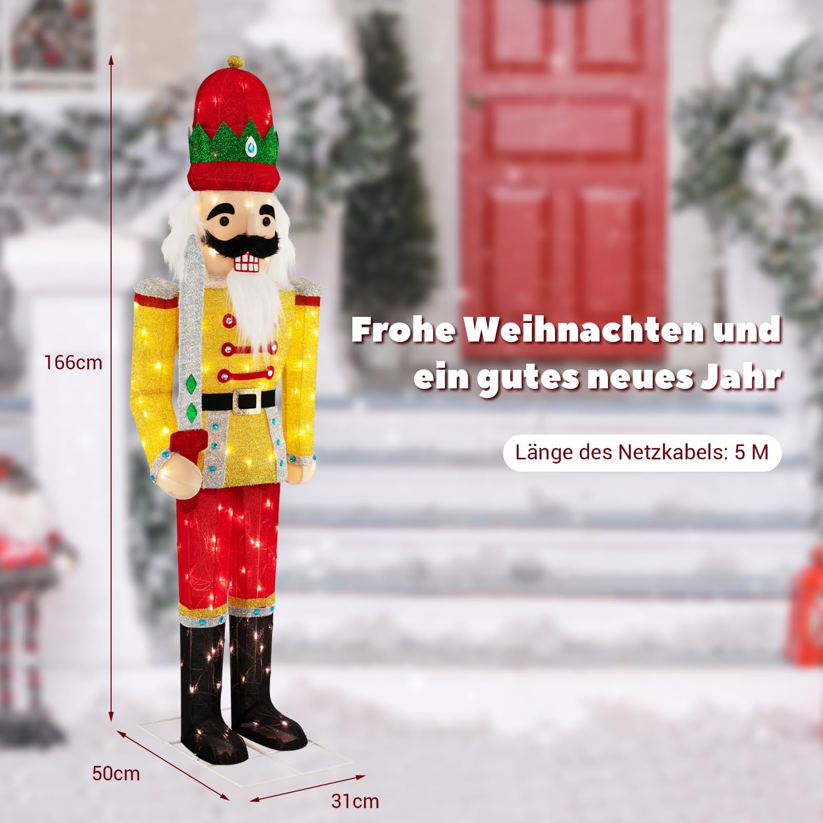 COSTWAY Weihnachten Nussknacker Figur groß, beleuchtete Weihnachtsdeko XXL, 166 cm Weihnachtsfigur mit LED-Lichtern, Weihnachtsdekoration, Weihnachtsbeleuchtung für außen und innen