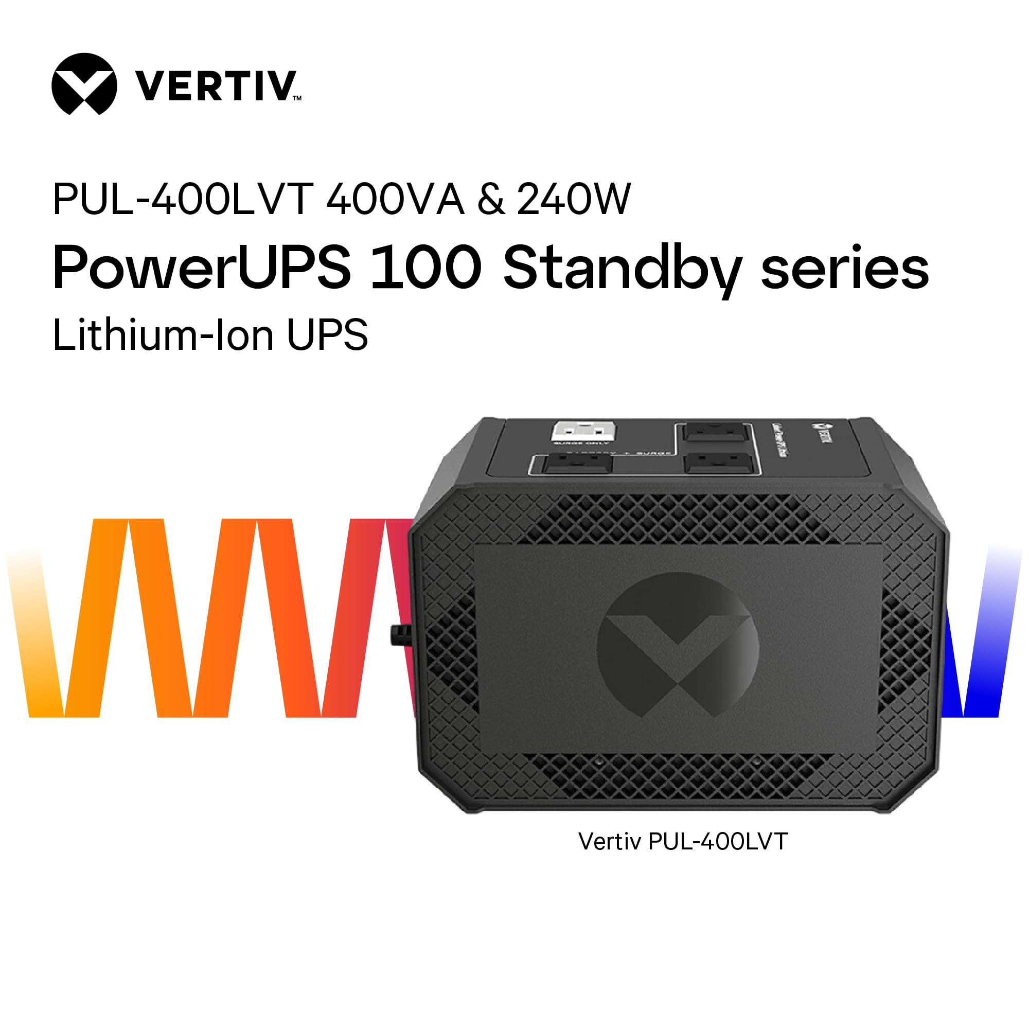 Vertiv Liebert Power UPS Litio, 400VA/240W, 120V, Iones de Litio, UPS en Espera, (4) Tomas NEMA 5-15R (3 Pilas de Respaldo), Certificado Energy Star, Compacto Ligero (PUL-400LVT)
