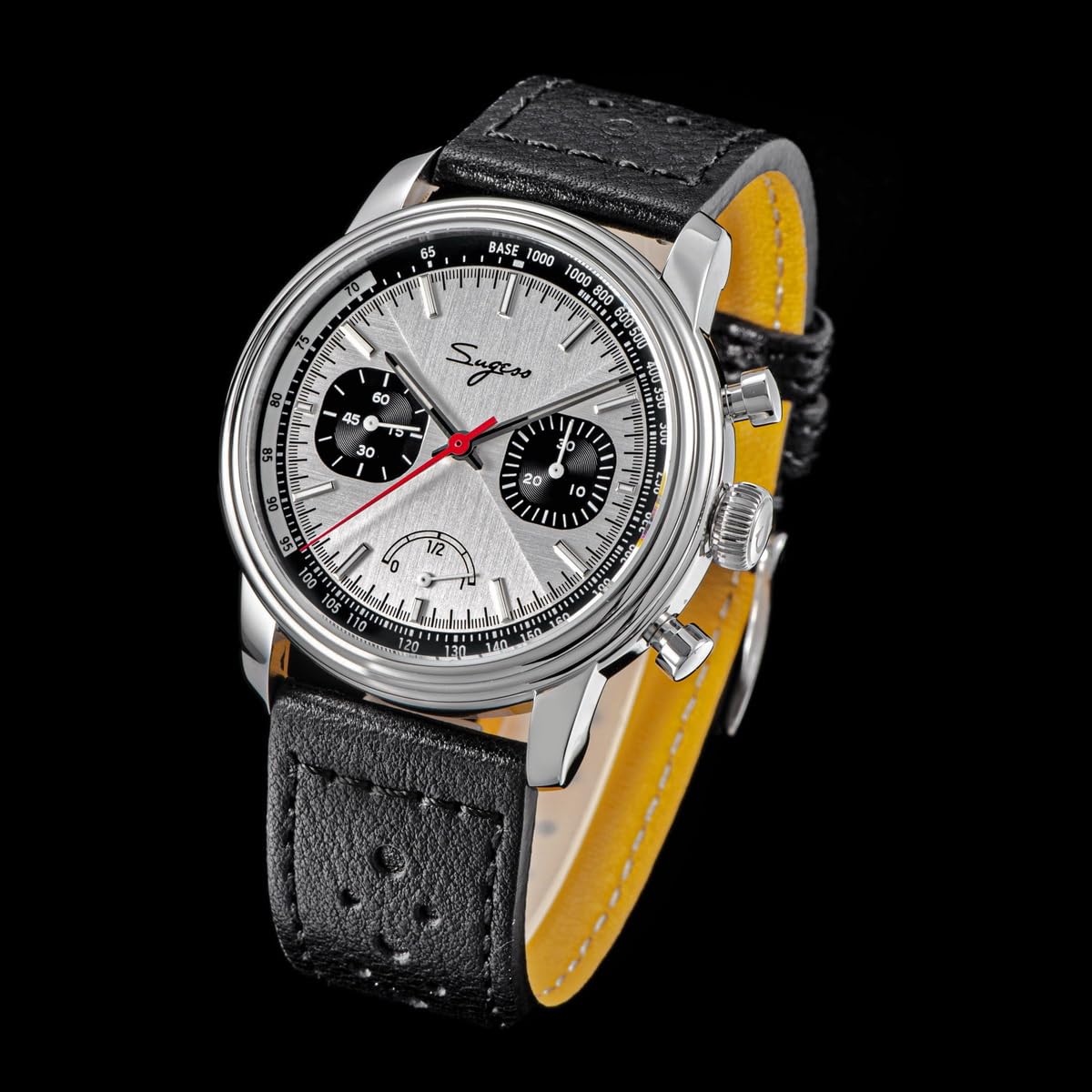 SUGESS Seagull ST1906 Panda 41 mm Ice-White Power Indicator Chronograph schwarzes Leder 1963 BNIB, weiß, Klassisch