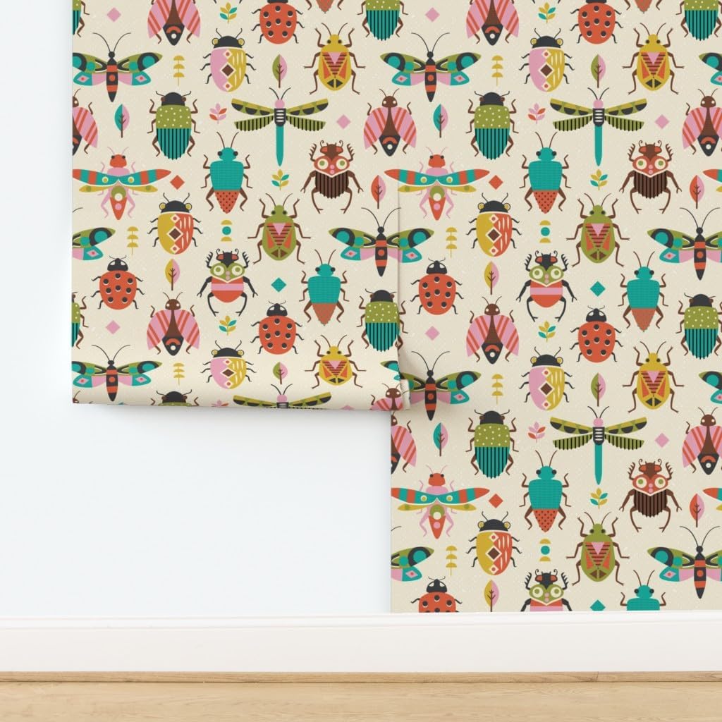 Peel & Stick Wallpaper 3ft x 2ft - Retro Bugs Butterfly Beetles Nature Colorful Insects Dragon Fly Custom Removable Wallpaper by Spoonflower