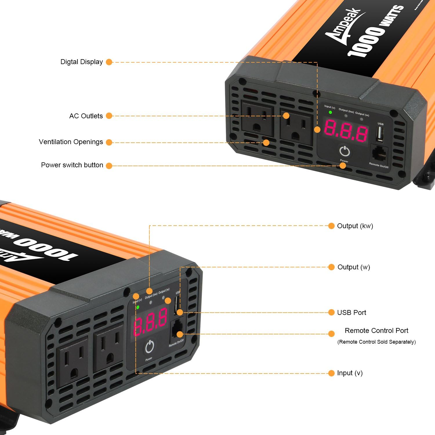 Black Friday - 80% OFF Ampeak 1000W Inverter with Dual AC Outlets 2.1A USB Inverter 12v to 110v Digital Display 12v Power Inverter Exclusive Ampeak 1000W Inverter with Dual AC Outlets 2.1A USB Inverter 12v to 110v Digital Display 12v Power Inverter
