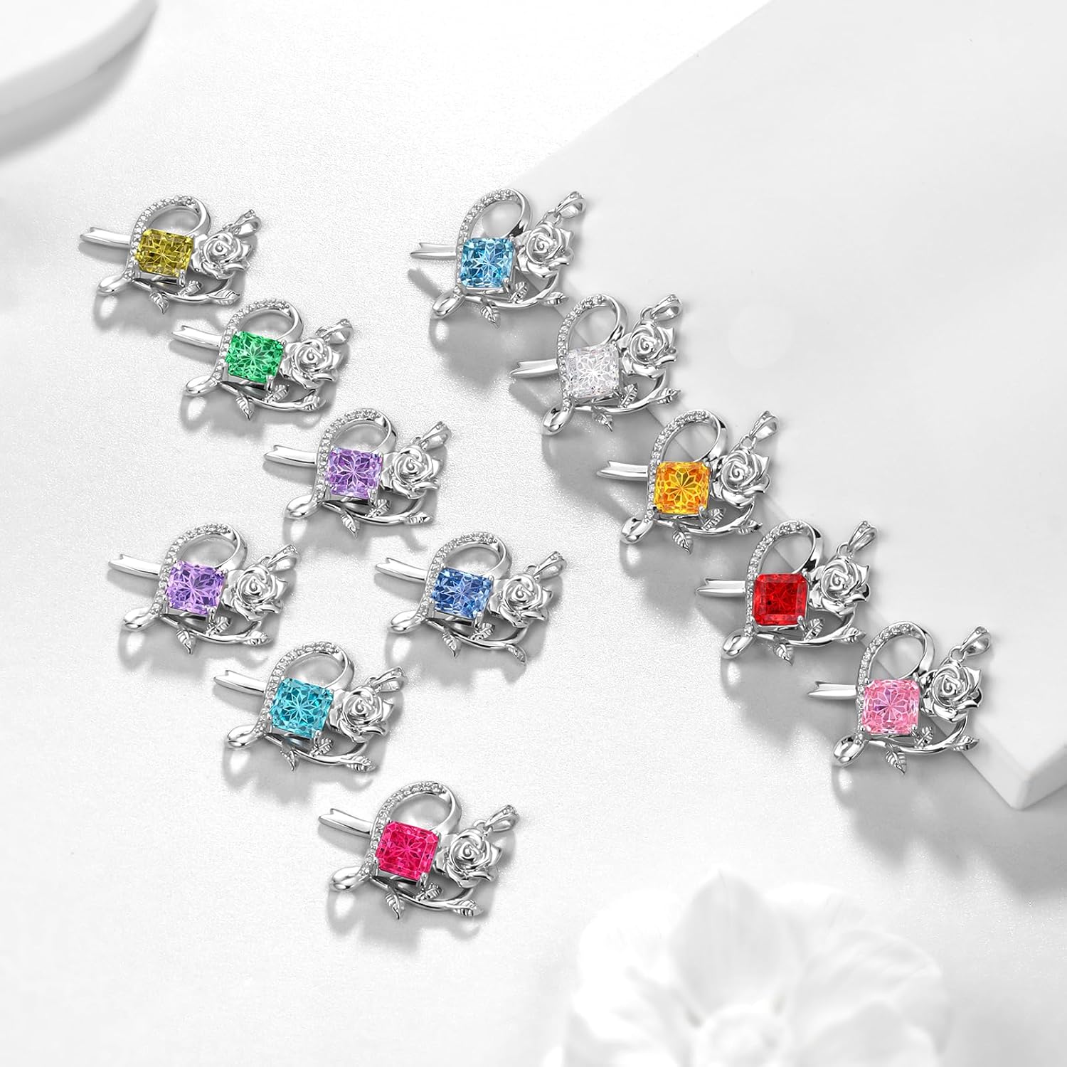 Aurora Tears Birthstone Love Heart Rose Pendant Necklace - 925 Sterling Silver Snowflake Cut Square Cubic Zirconia Ribbon Necklace Anniversary Birthday Jewelry Gift for Women Wife Mom Daughter - Image 6