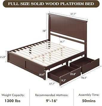 LUXOAK Full Solid Wood Bed Frame with 50 Headboard & 2 Drawers, Brown