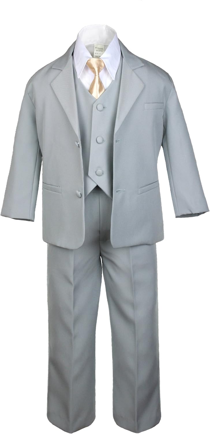 6pc Boy Gray Suit with Satin Light Champagne Necktie Outfits Baby to Teen