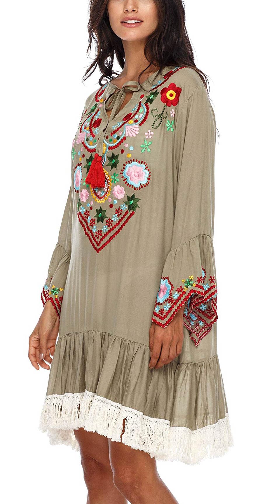 SHU-SHI Abito corto da donna ricamato con maniche a campana, stile bohémien, stile casual