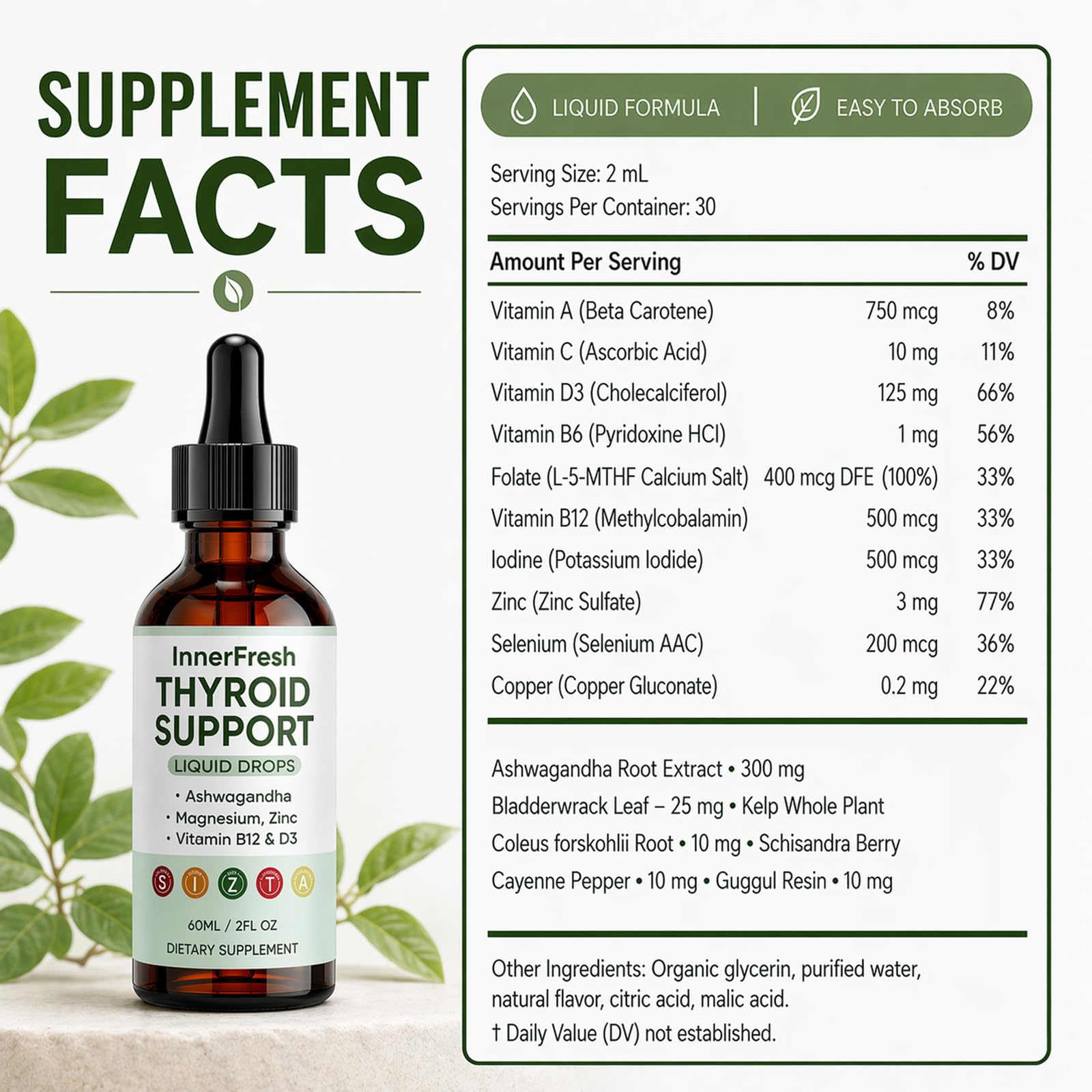 Thyroid Support Drops, Thyroid Support Liquid Drops for Women & Men, with Ashwagandha, Vitamin B12 & D3 and Magnesium, Help Support Mood, Promote Metabolism, 60 ML/2FL OZ — Amazon image 2