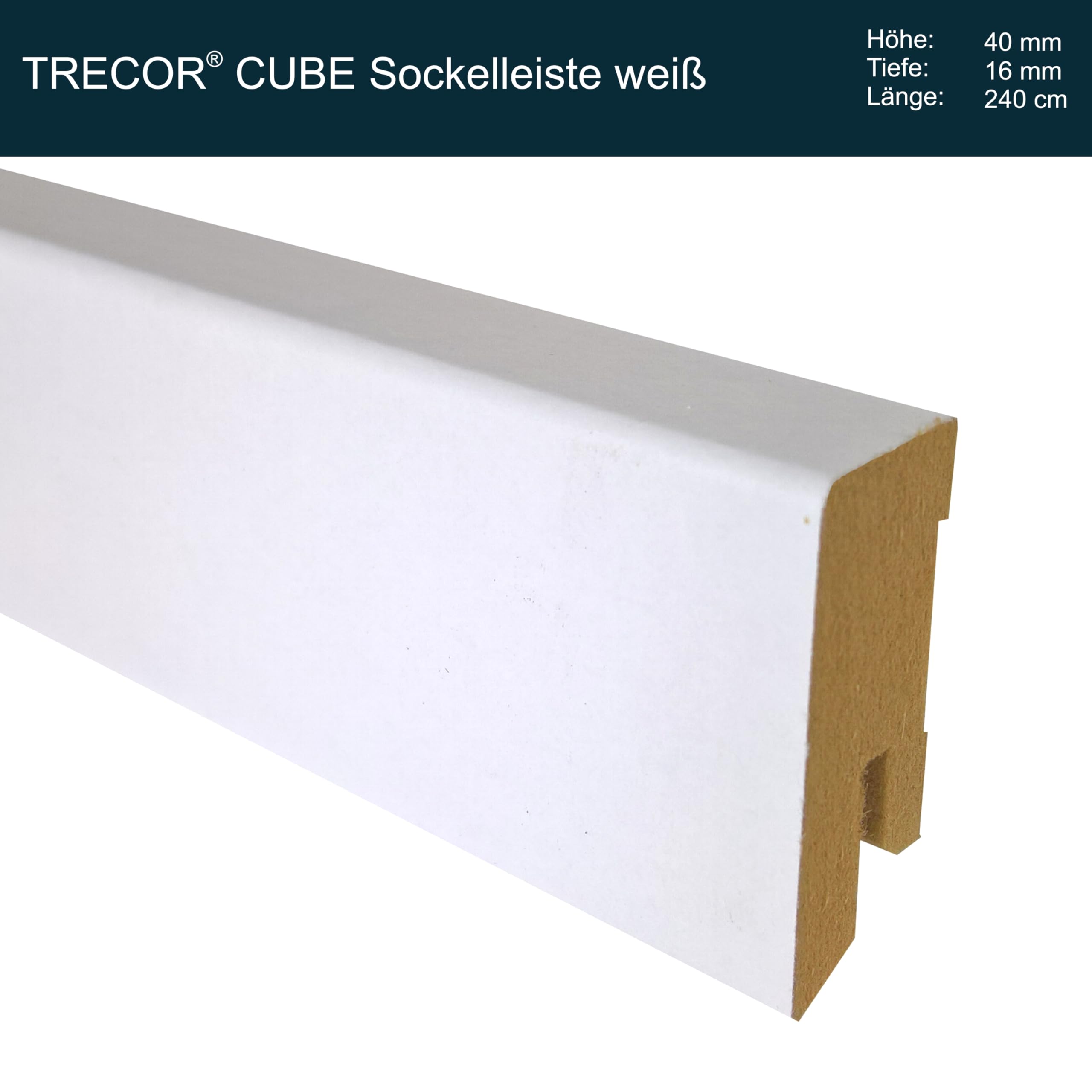 24 m Sockelleiste Weiß 40 mm Hoch CUBE Form 16 x 40 mm ✓Kabelkanal ✓weisse Oberfläche - MDF Trägermaterial Bodenleiste für Laminat - Sie kaufen 10 Stück x 2,4 m (24 m)