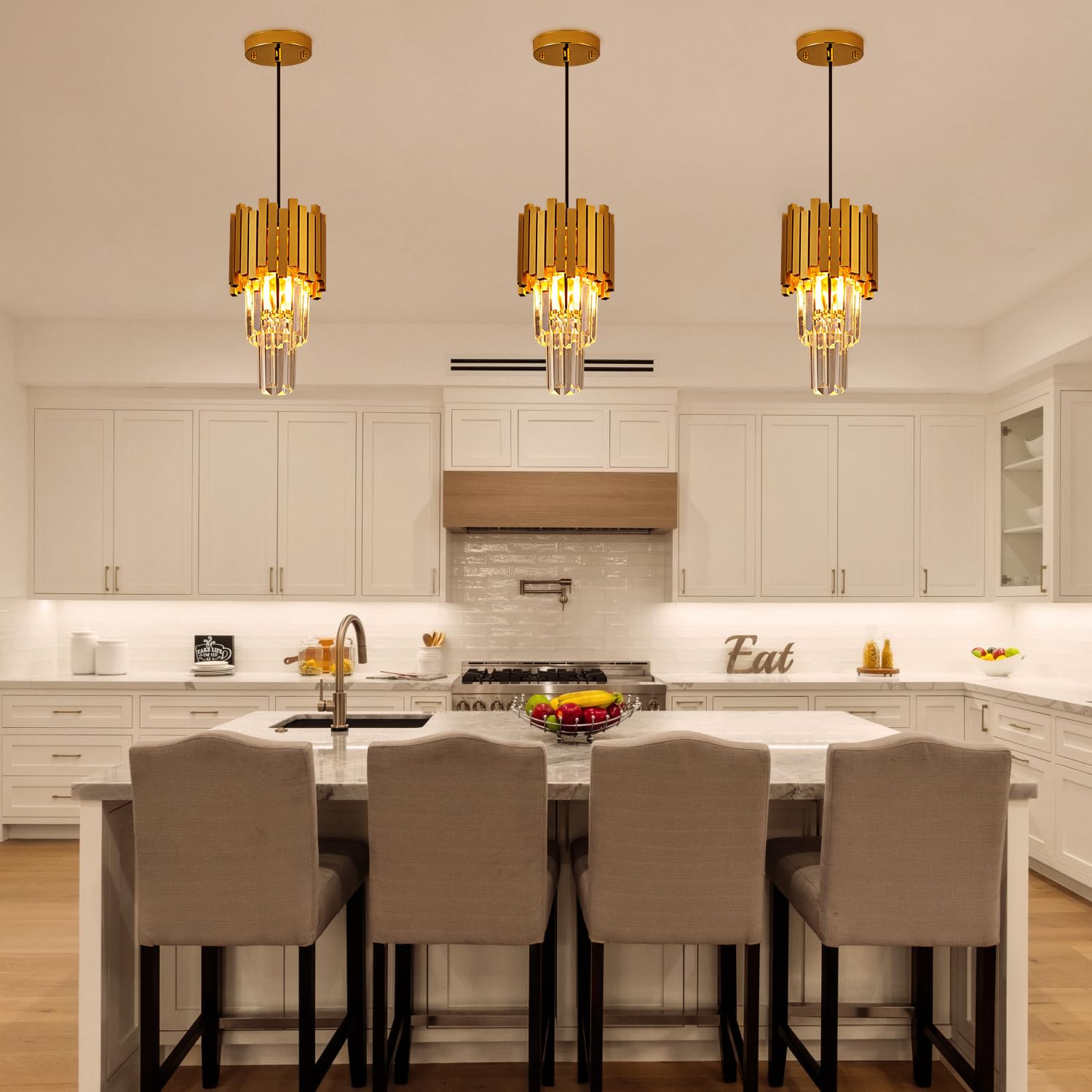 TACDANDM 3 Pack Gold Crystal Chandeliers 6.3''Small Modern Ceiling Pendant Light Fixture for Dining Room Kitchen Island Living Room Foyer Entryway Hallway