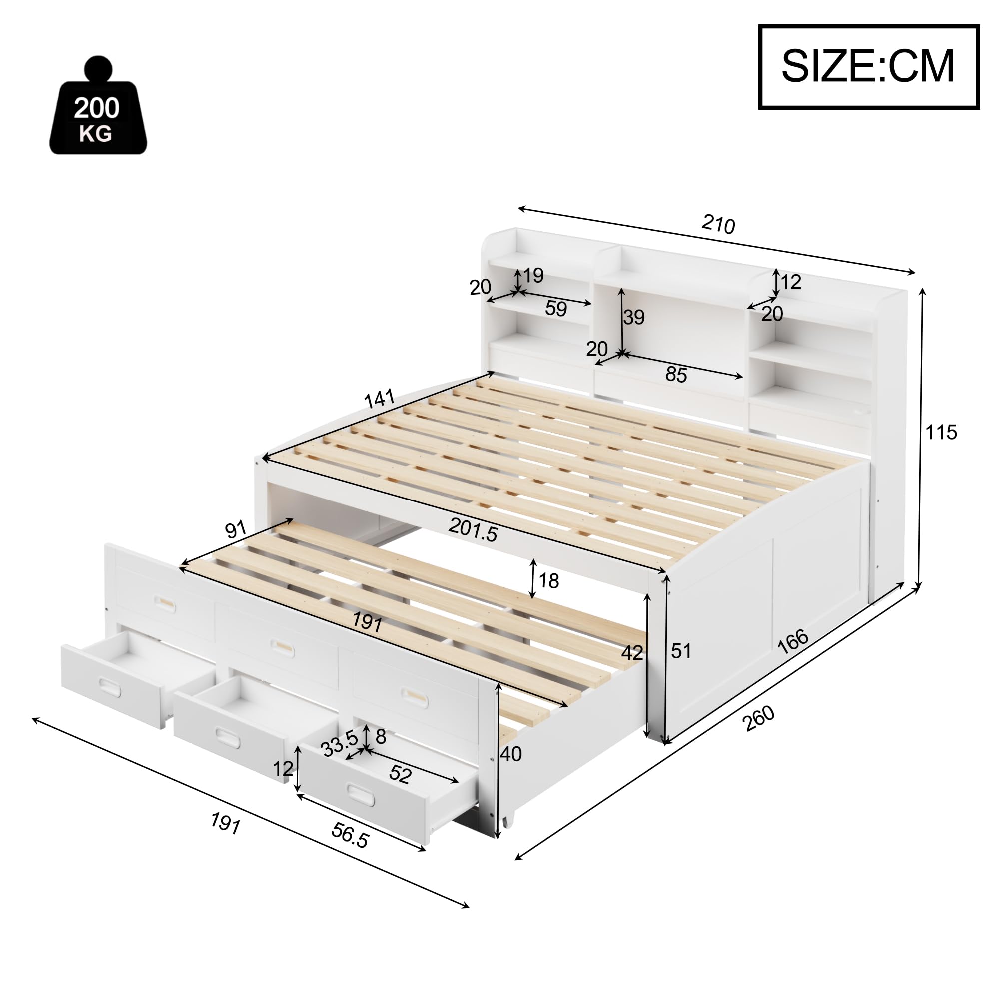 cama de día juvenil 140 x 200 cm con cama nido y 3 cajones, individual LE/D, varios compartimentos y función US/B, tablero de partículas (sin colchón, blanco)