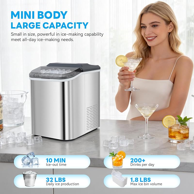 Countertop Ice Maker Machine, 32LBS in 24Hrs, Soft Nugget Ice Ready in 10 Mins, Auto-Cleaning Portable Ice Machine with Ice Scoop, Low Noise Stainless Steel Ice Maker for Home Kitchen Party Office image 2