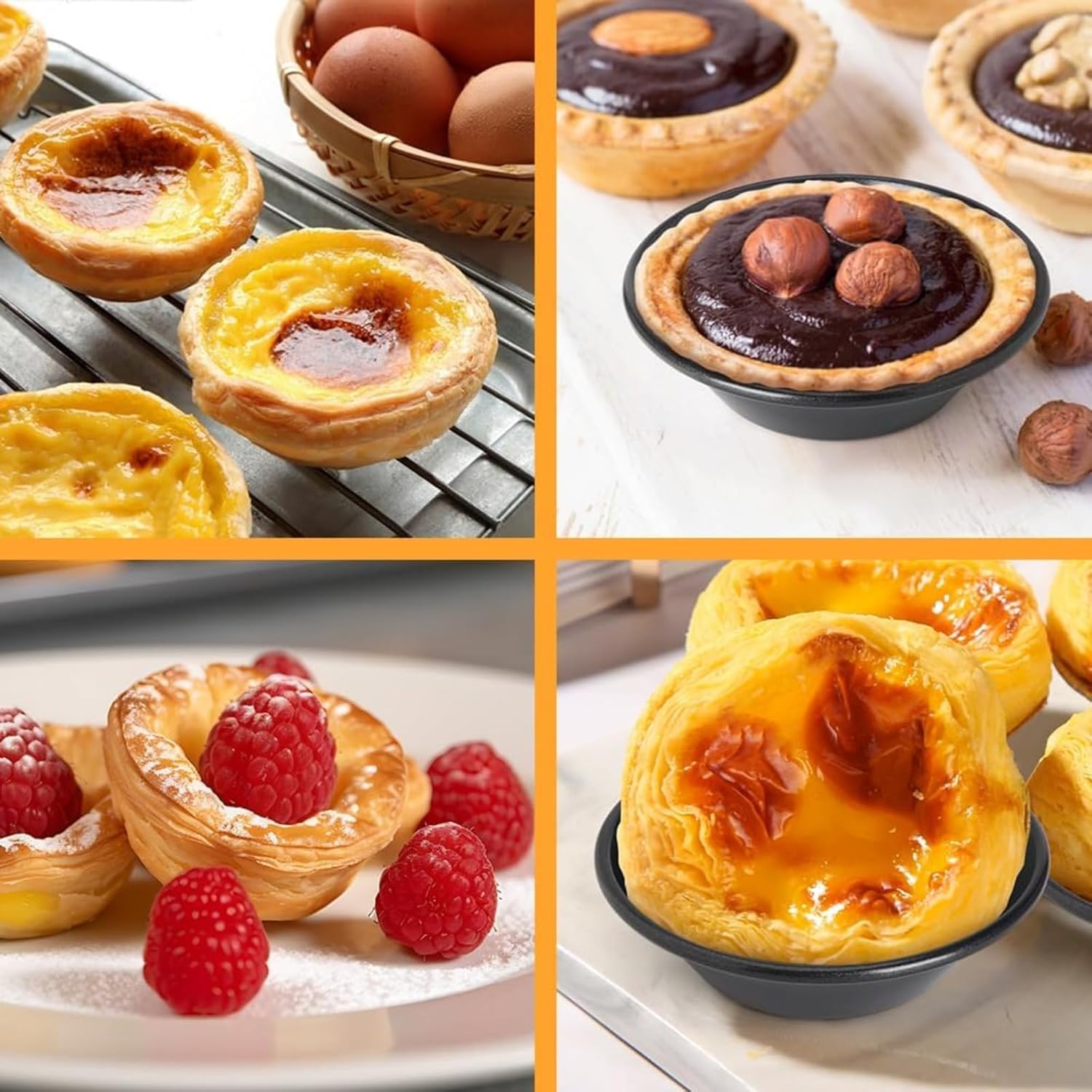 Egg Tart Molds–Nonstick Portuguese Custard Tart Shell Trays,Carbon Steel Pastel de Nata Tins for Baking,Mini Pie and Custard Tart Pans,Reusable,Oven&Air Fryer Safe(Black,12pcs)