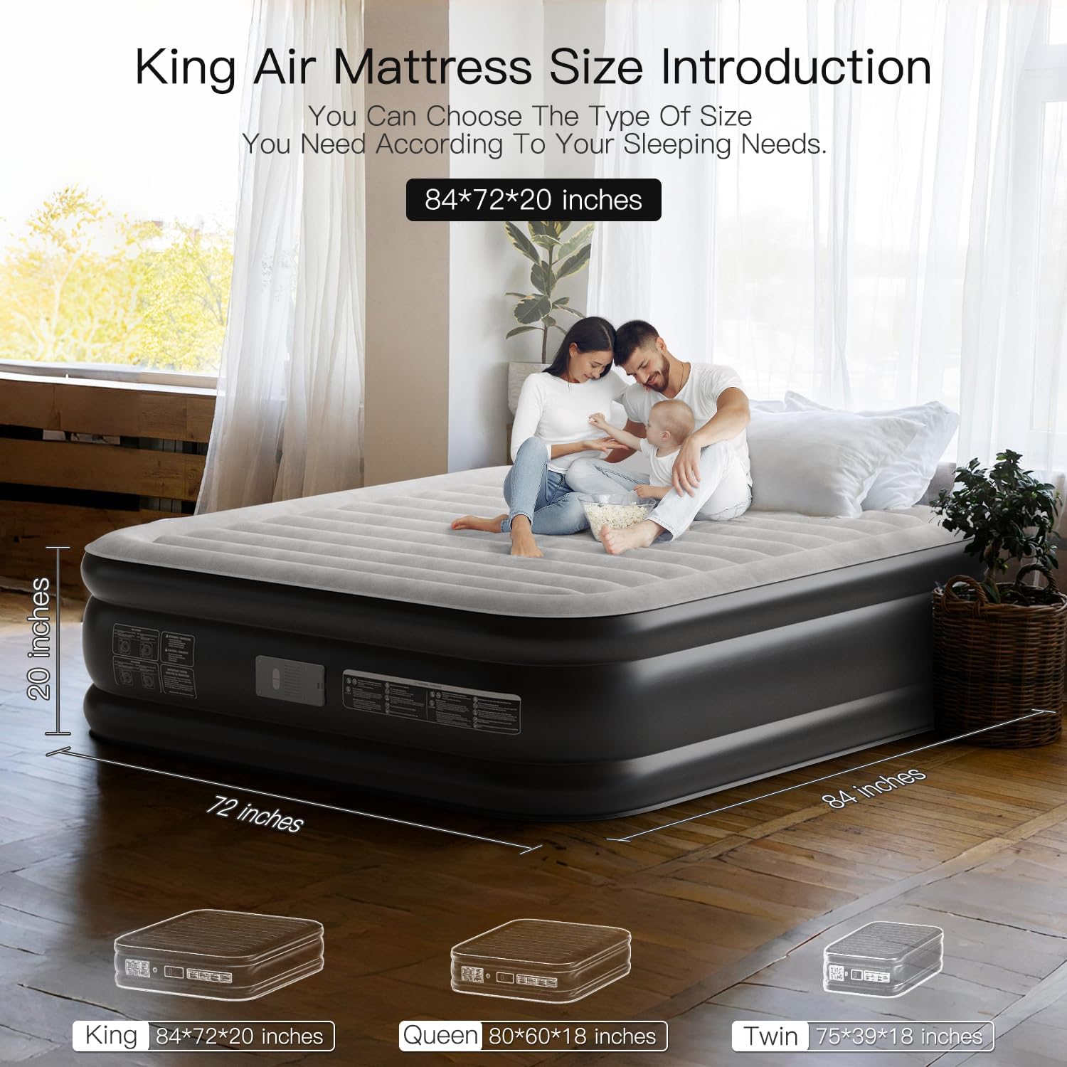 King Air Mattress 20 Inches High King Air Bed Mattress with Built in Pump 1 Button to Start Inflate Deflate 3 Mins Fast Self Inflating Air Mattress Suitable Indoor Outdoor