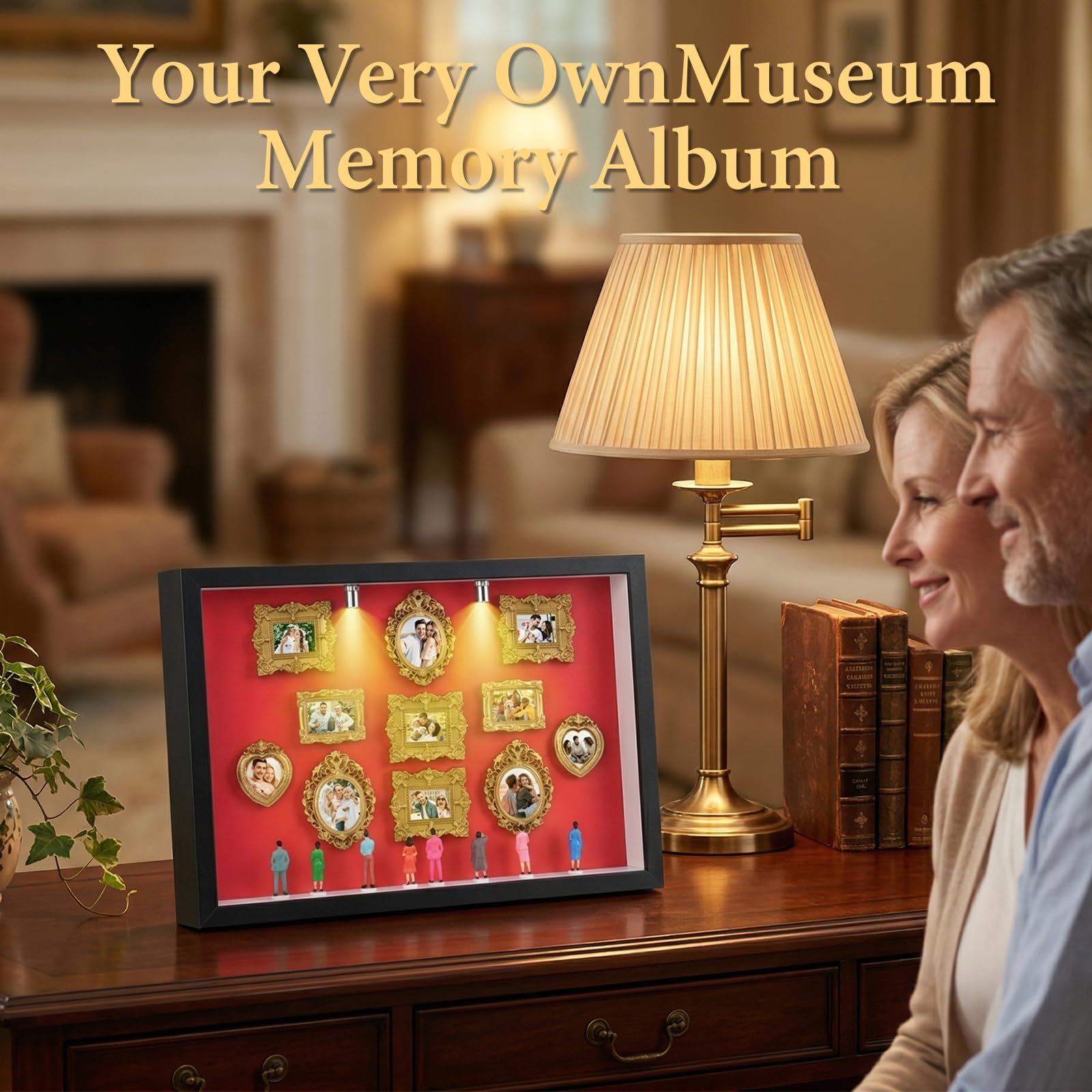 Pipihome DIY Mini Museum Bilderrahmen, Mini Figuren Menschen Museum Silhouette Box mit LED Licht & Golden Rahmen, Miniatur Menschen Bilderrahmen für Deko Wohnzimmer Schlafzimmer Jahrestag Hochzeit