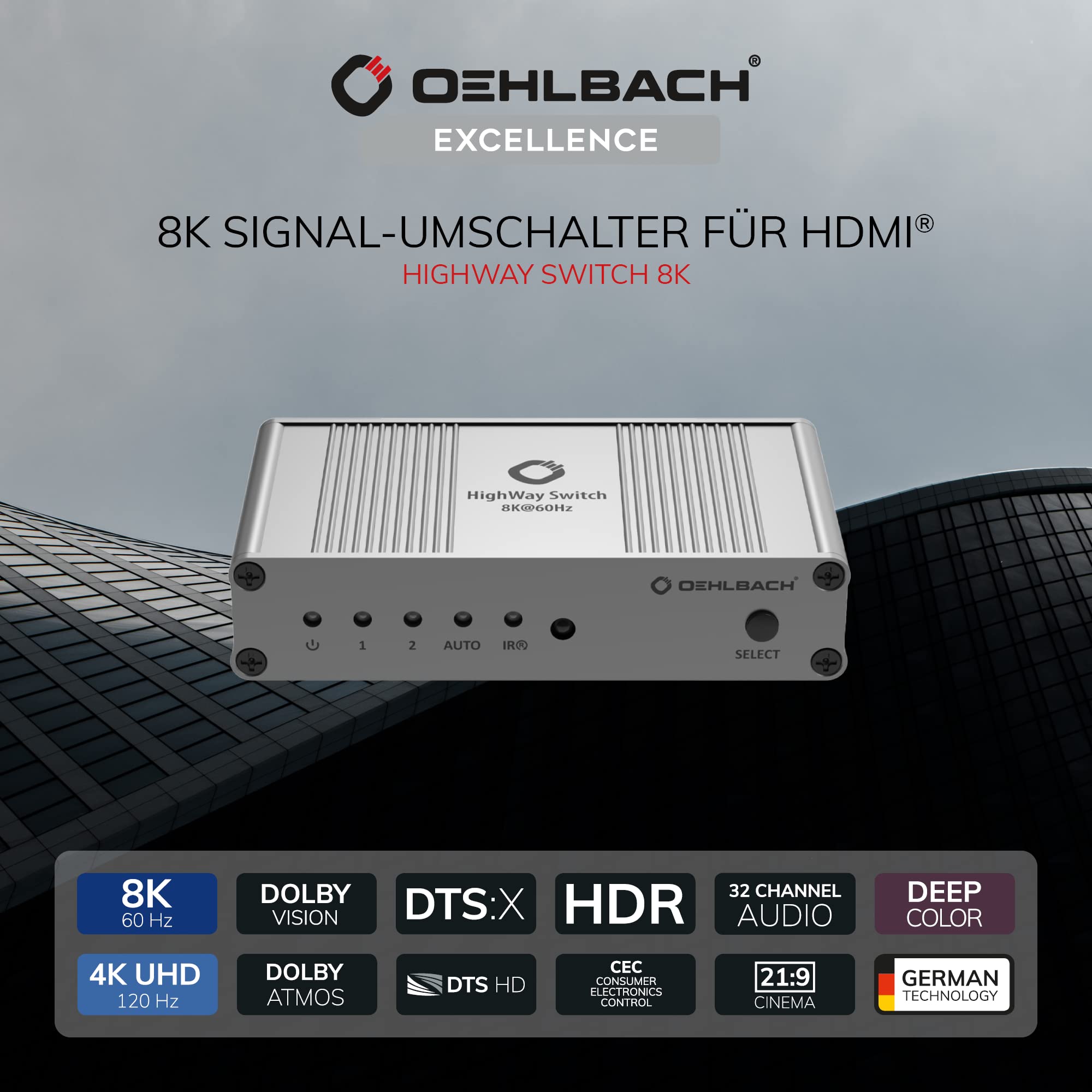 OEHLBACH Highway Switch 8K - HDMI 2.1 Umschalter - 2 In 1 Out HDMI-Adapter mit Fernbedienung (4K 120Hz, 8K 60Hz, 48Gbits, VRR, Dolby Vision, Atmos, HDR10, HDCP 2.3) - Silber matt