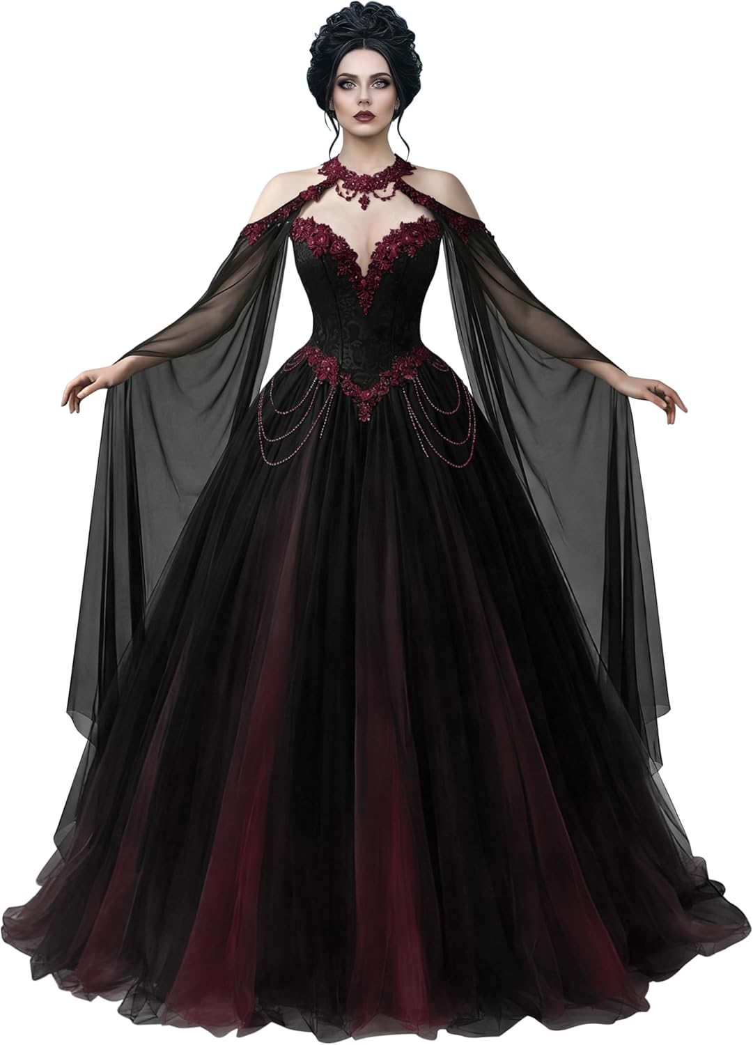 Mauuwy 3D Flowers Vampire Wedding Dress Cape Sleeves Halloween Gothic Bridal Dress for Women Lace Beaded Vestidos de Novia