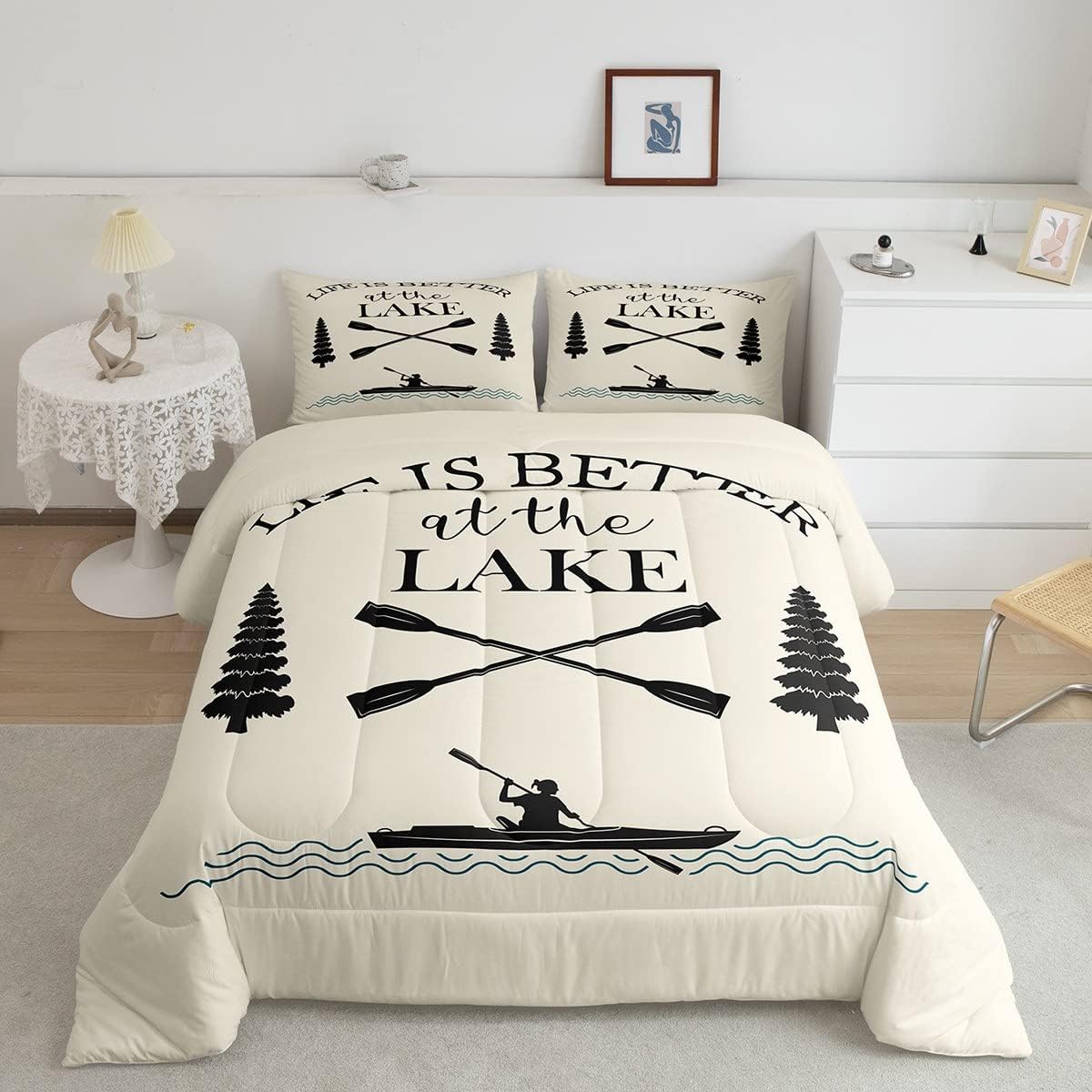 Lake House Bedding Set For Boys,Farmhouse Paddles Boat