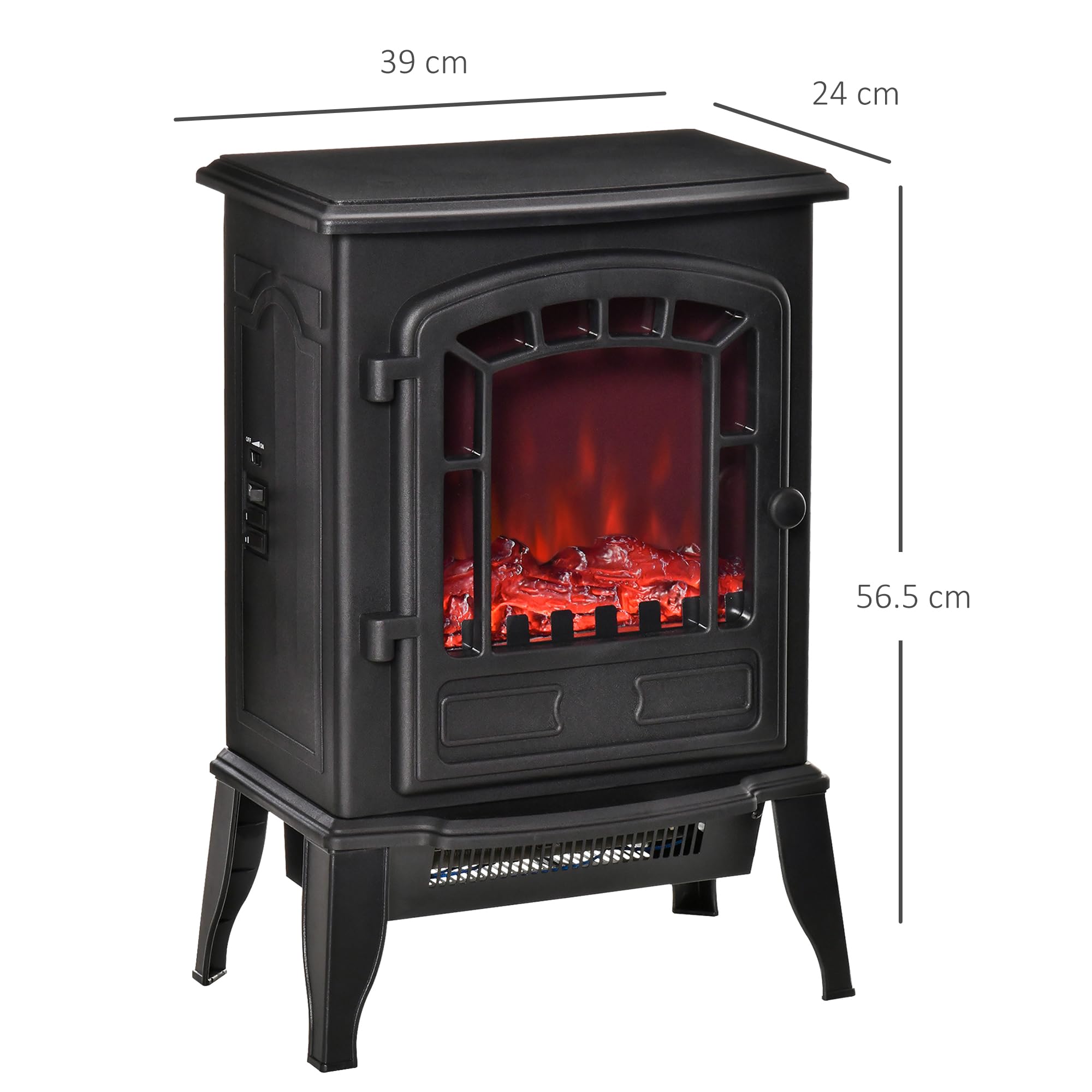 HOMCOM Camino Elettrico con Effetto Fiamma, Caminetto Elettrico 1000/2000 W con Temperatura Regolabile e Protezione da Surriscaldamento, Copertura 20-25m², 39x24x56.5cm, Nero