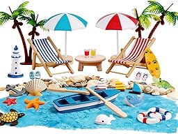 Zouonou 34 Stück Strand-Mikrolandschaft Miniatur Set, Strand Deko Miniatur Zubehör Set mit Liegestuhl Deko, Sonnenschirm, Kleine Palme & Segelboot, für DIY Zen Garten, Geldgeschenk & Sommer Deko