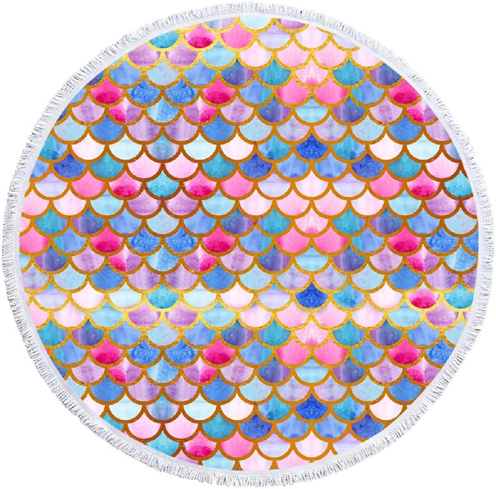 Quick Dry Microfiber Round Beach Towel Blanket for Women Girls Colorful Mermaid Scale Large 60 Inches Roundie Beach Towels Table Cloth (Multi Mermaid)