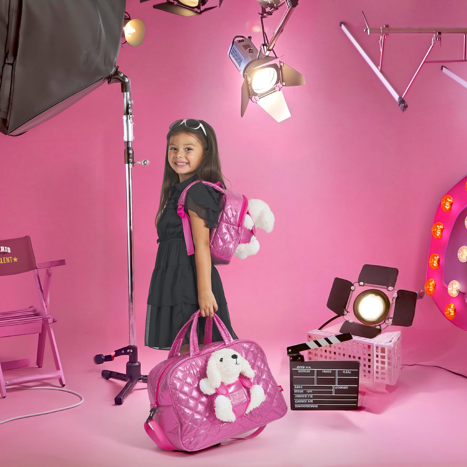 PERLETTI Bolsa de Viaje Deporte Niña con Caniche Peluche - Bolso Niñas Guardería con Perro Peluche Extraíble Rosa - Duffle Bag Regalo Niña 3 4 5 6 Años con Bandolera - 27x41,5x21cm (Bolsa de Viaje)