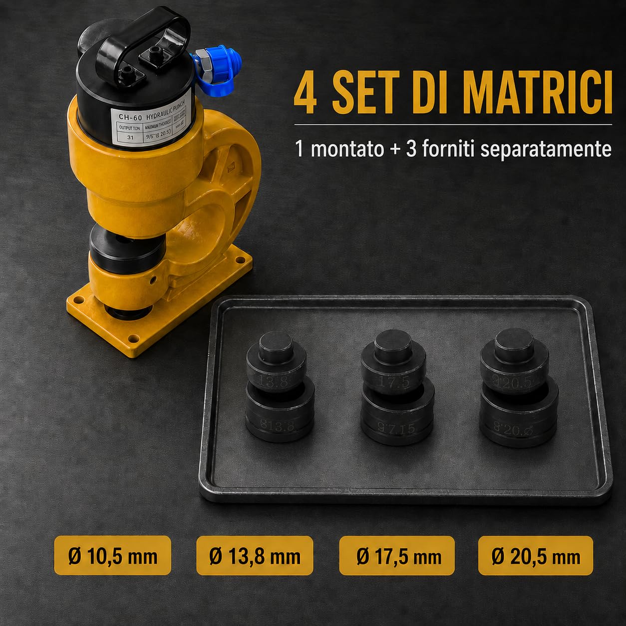 Hydraulic Punch CH-60 31T - Set di perforatori idraulici, con chiave a brugola, per rame piatto L e H, apertura 1/2", 5/8", 3/4"