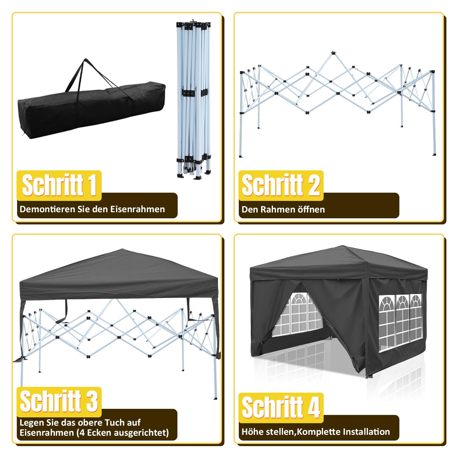 Tonnelle étanche 3 x 3 m - Hauteur réglable - Avec 4 panneaux latéraux - Oxford 420D - Stable - Résistant à l'hiver - Protection UV - Tente de fête pour extérieur, jardin, camping - Gris