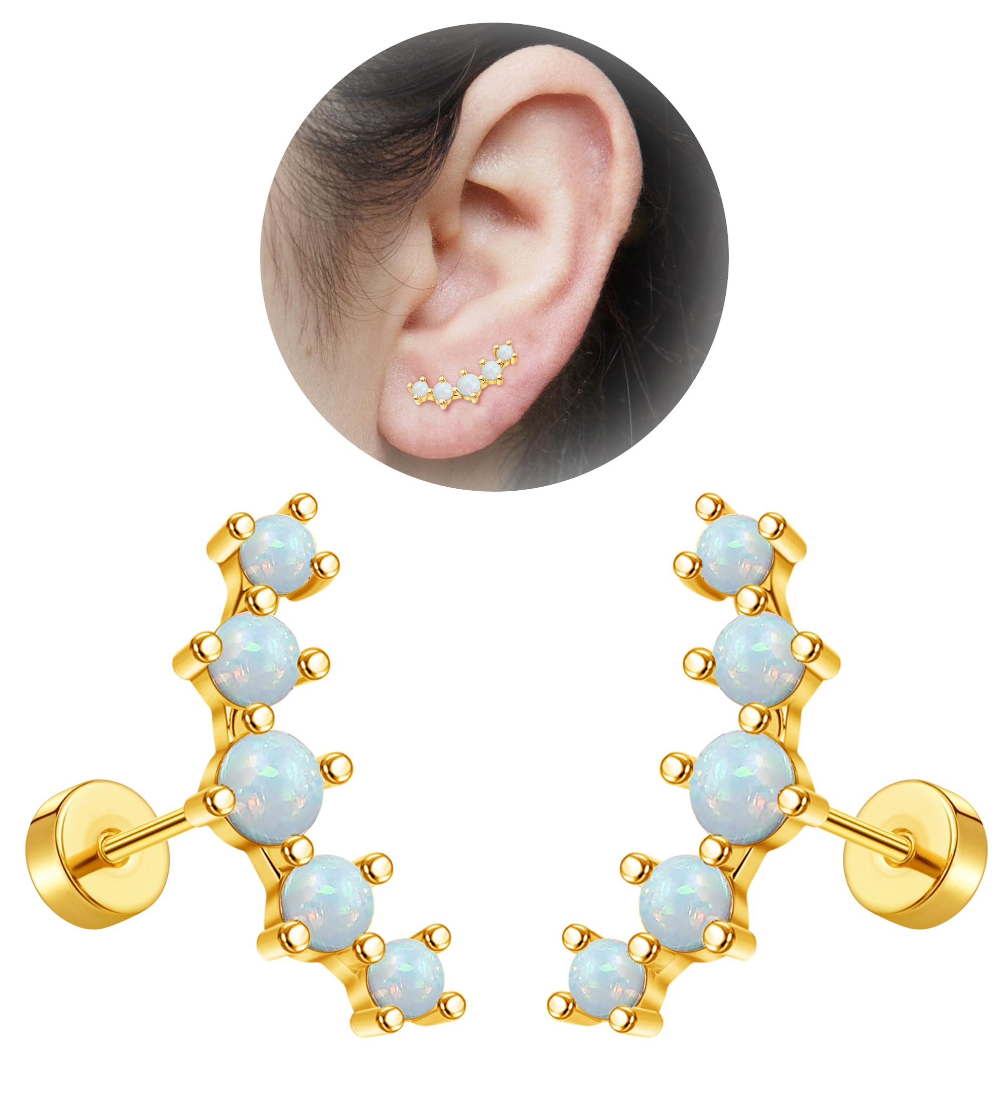 20G Cartilage Earrings for Women 14K Gold Stainless Steel Flat Back Cartilage Stud Earrings for Sensitive Ear Leaf Opal CZ Handmade Helix Conch Piercing Jewelry Gold Opal