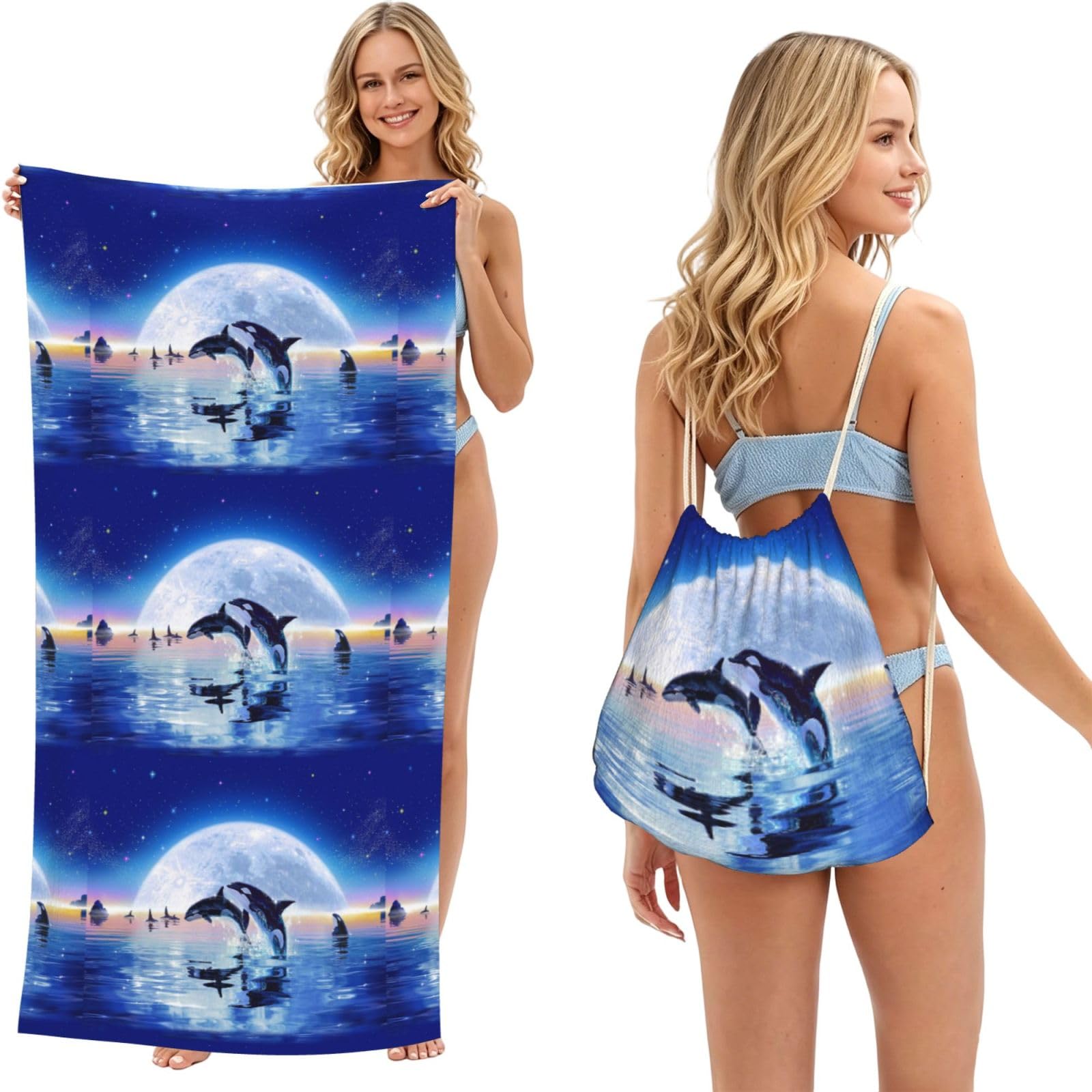 Poadnly As Picture Pod Of Orcas, 2 In 1 Packable Towel Bag, Beach Towels With Drawstring Backpack For Travel Holiday Camping