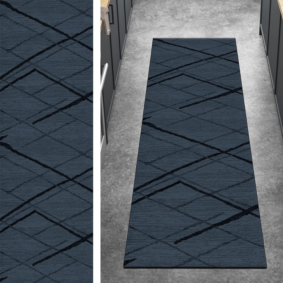キッチンラグ ロングカーペットランナー 廊下 ストライプ 60×350cm ダークブルー キッチンランナー 滑り止め メーター売り 洗える ショートパイル ポリエステル 廊下 寝室 幅40-120cm調節可能