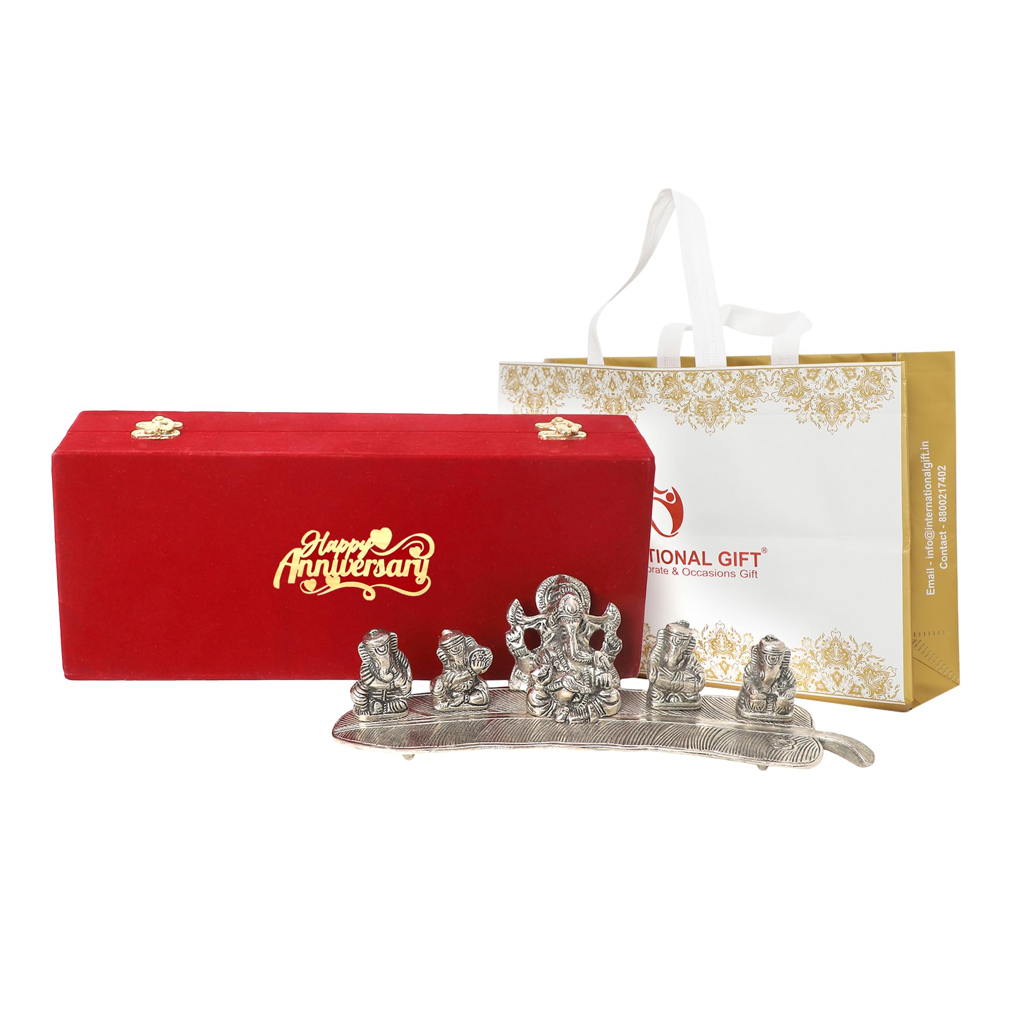 INTERNATIONAL GIFT Silver Musical Ganesh God Idol with Beautiful Happy Box & Carry Bag with 1 Year Warranty | Used for Mandir, Birthday Gift, Wedding Return Gift